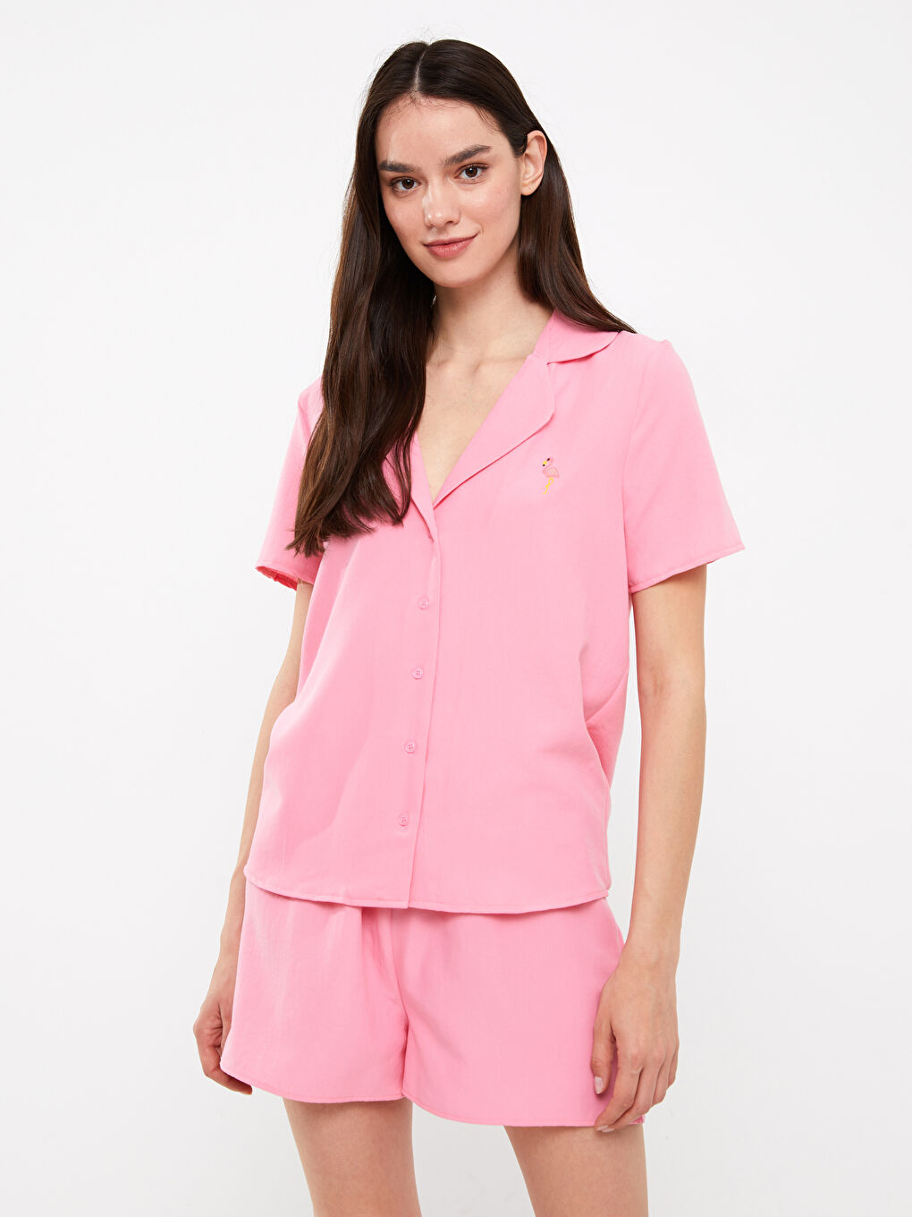 Pembe Gömlek Yaka Kadın Pijama Takımı-2