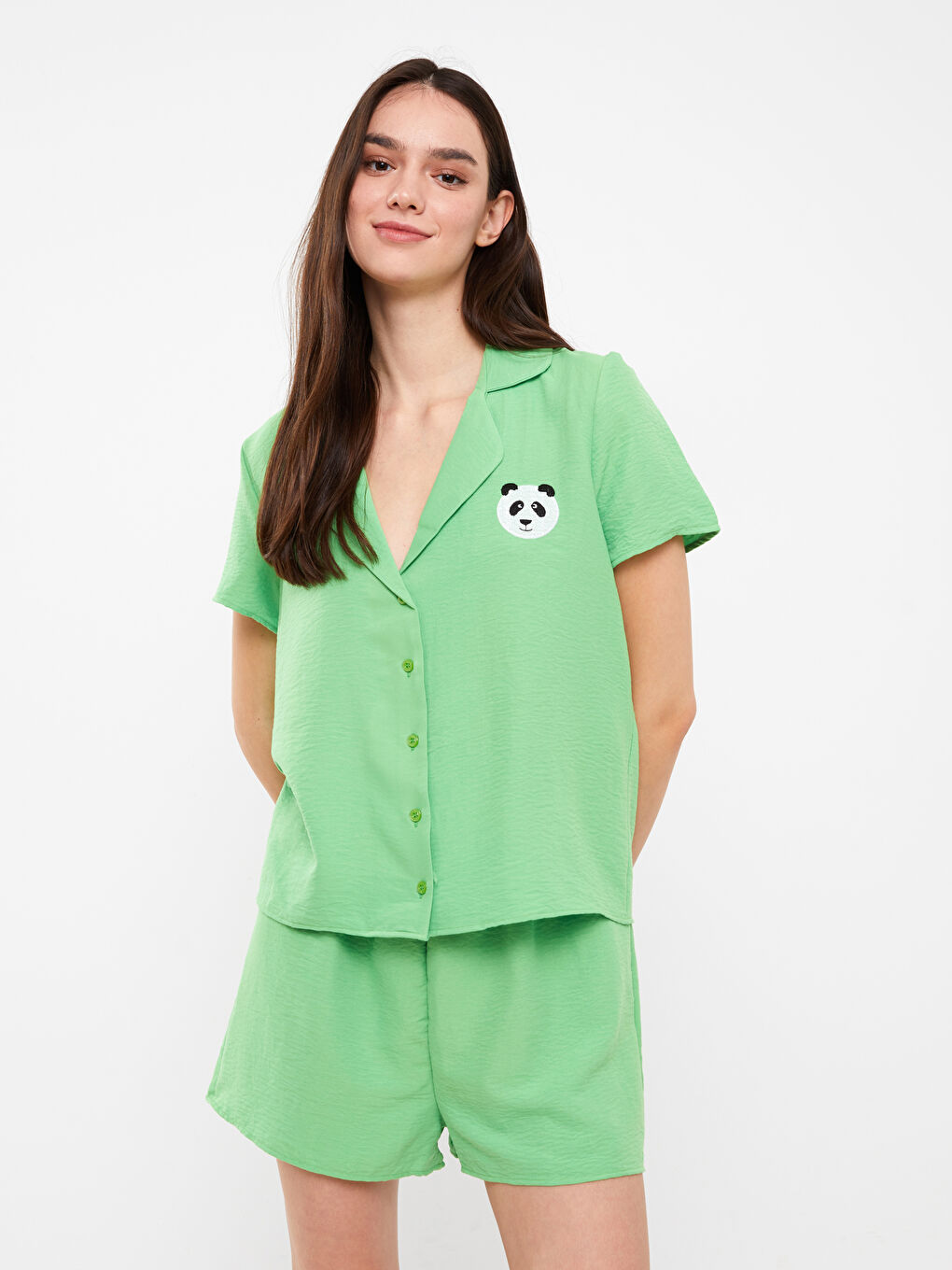 Yeşil Gömlek Yaka Kadın Pijama Takımı