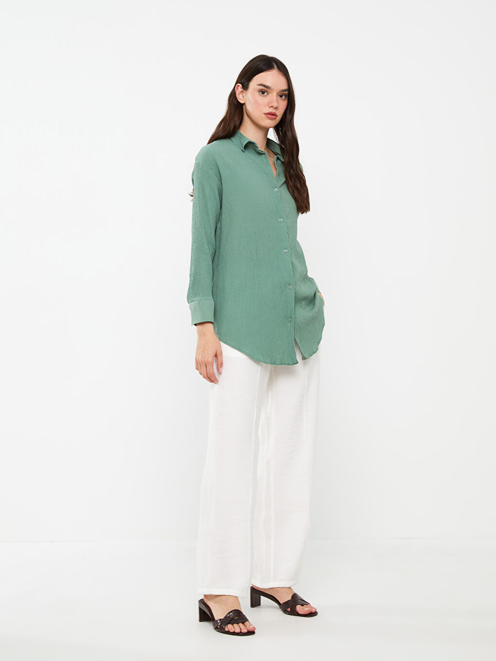 Yeşil Gömlek Yaka Uzun Kollu Kadın Gömlek