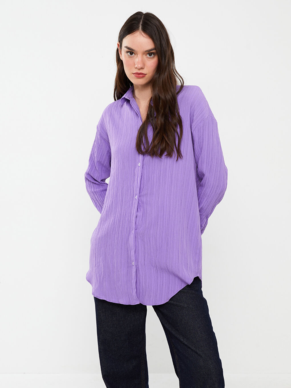 Lila Gömlek Yaka Uzun Kollu Kadın Gömlek