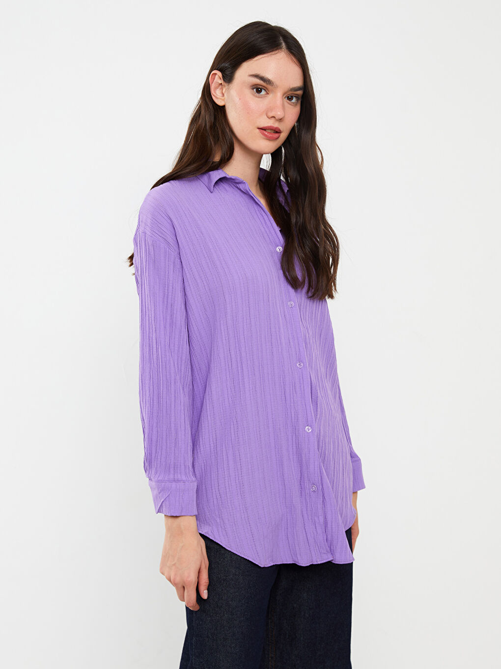Lila Gömlek Yaka Uzun Kollu Kadın Gömlek-1