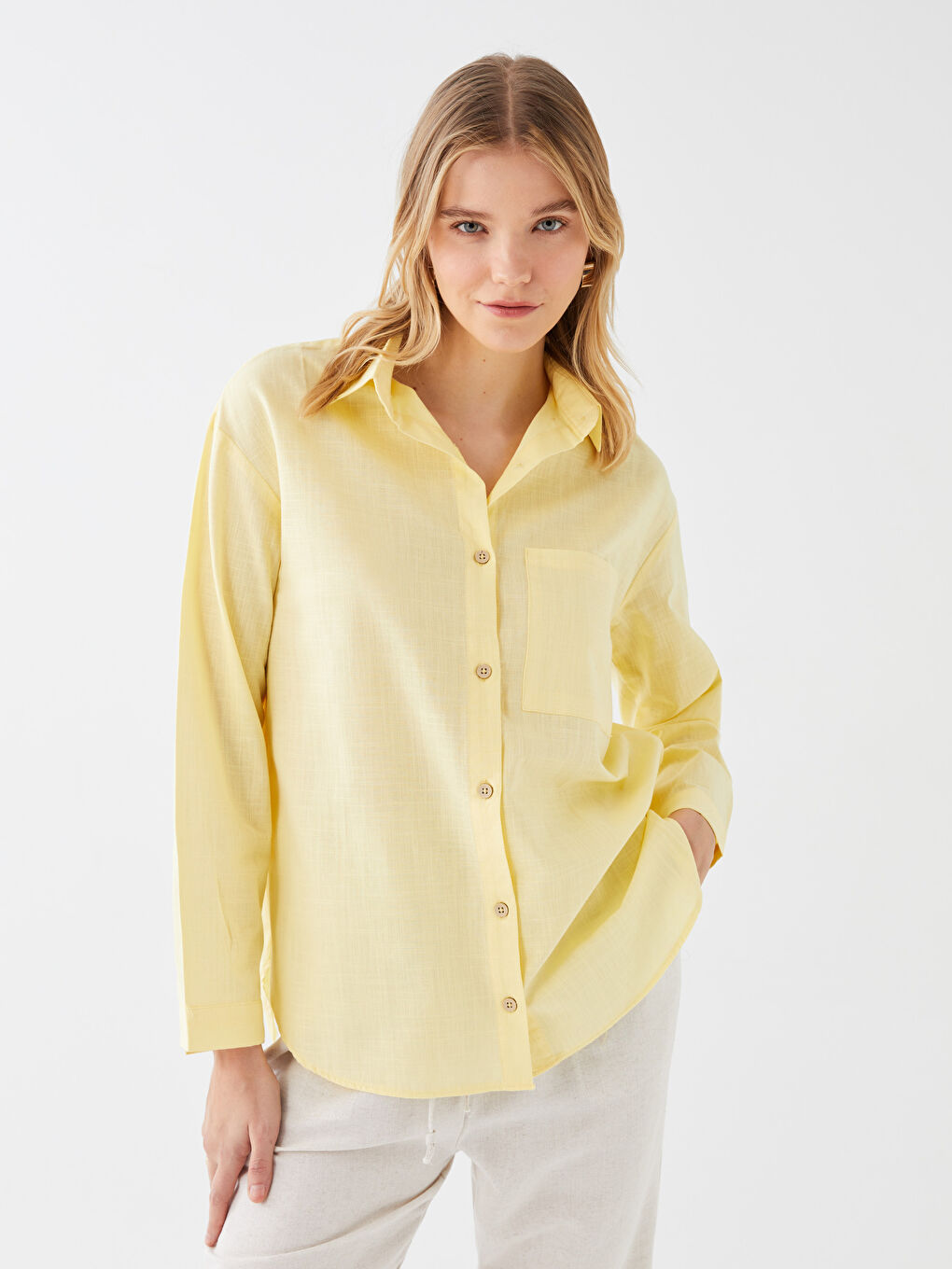 Sarı Cep Detaylı Düz Uzun Kollu Kadın Gömlek-1