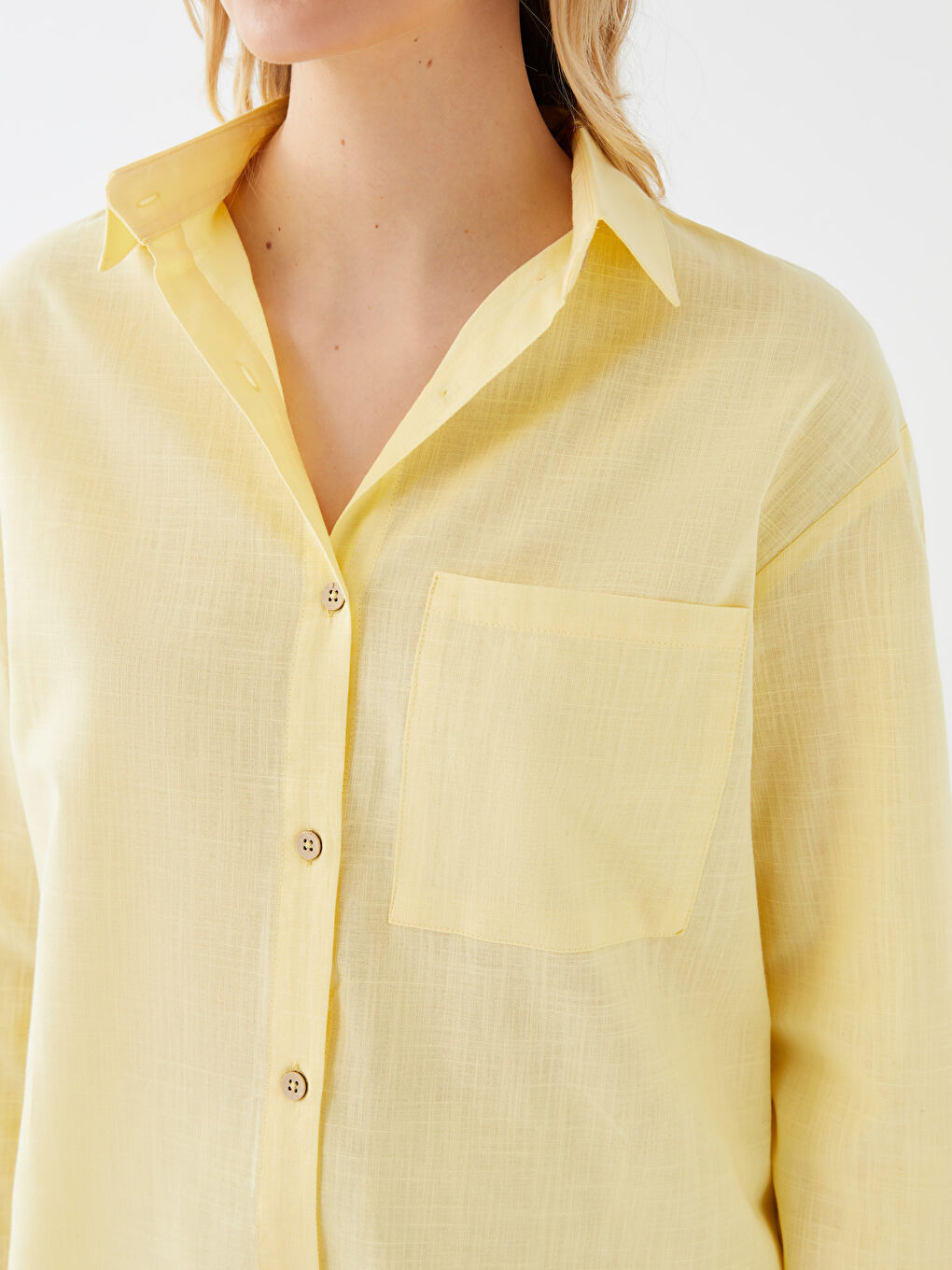 Sarı Cep Detaylı Düz Uzun Kollu Kadın Gömlek-3