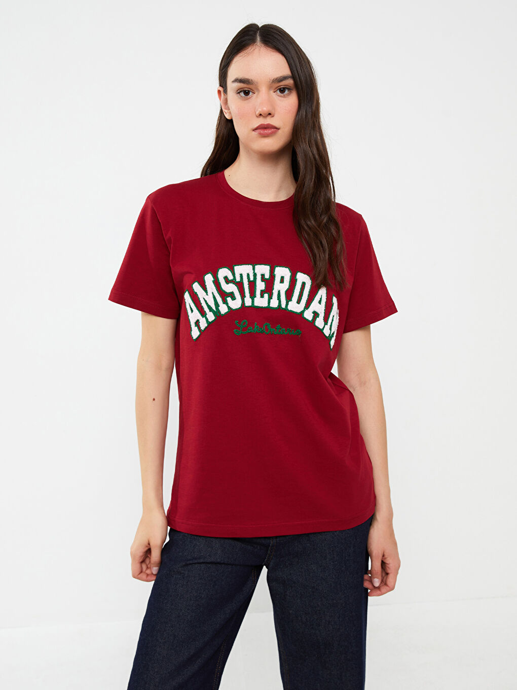 Bordo Bisiklet Yaka Baskılı Kısa Kollu Kadın Tişört-1