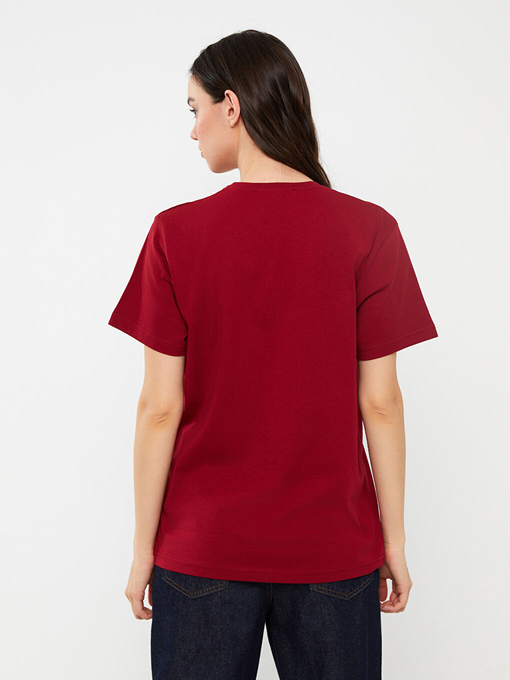 Bordo Bisiklet Yaka Baskılı Kısa Kollu Kadın Tişört-5