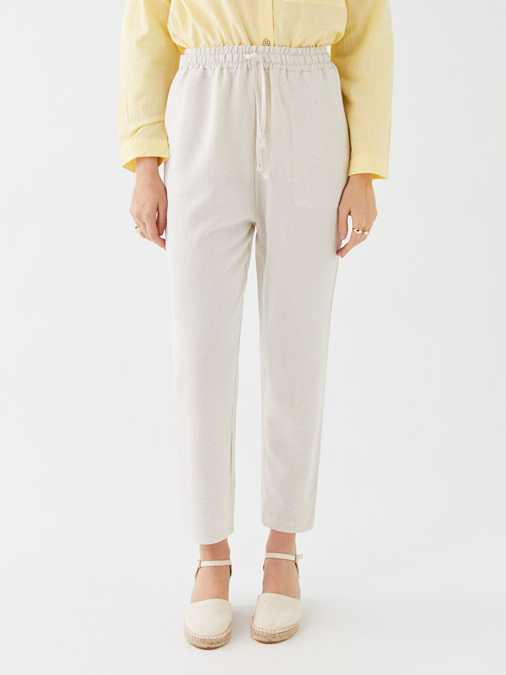 Bej Kadın Beli Bağlamalı Düz Pantolon-2