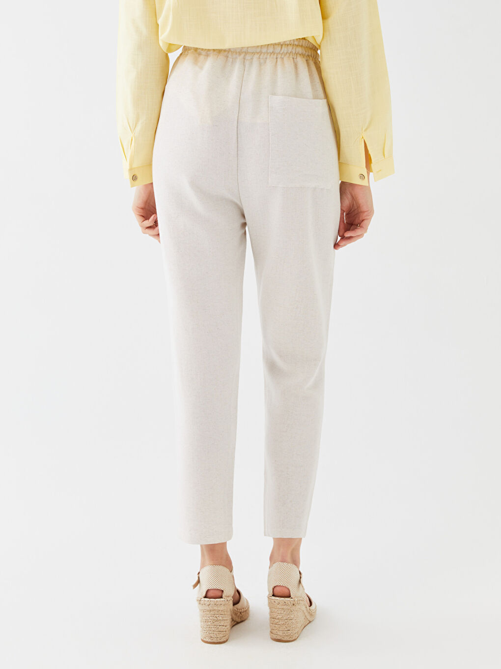 Bej Kadın Beli Bağlamalı Düz Pantolon-3