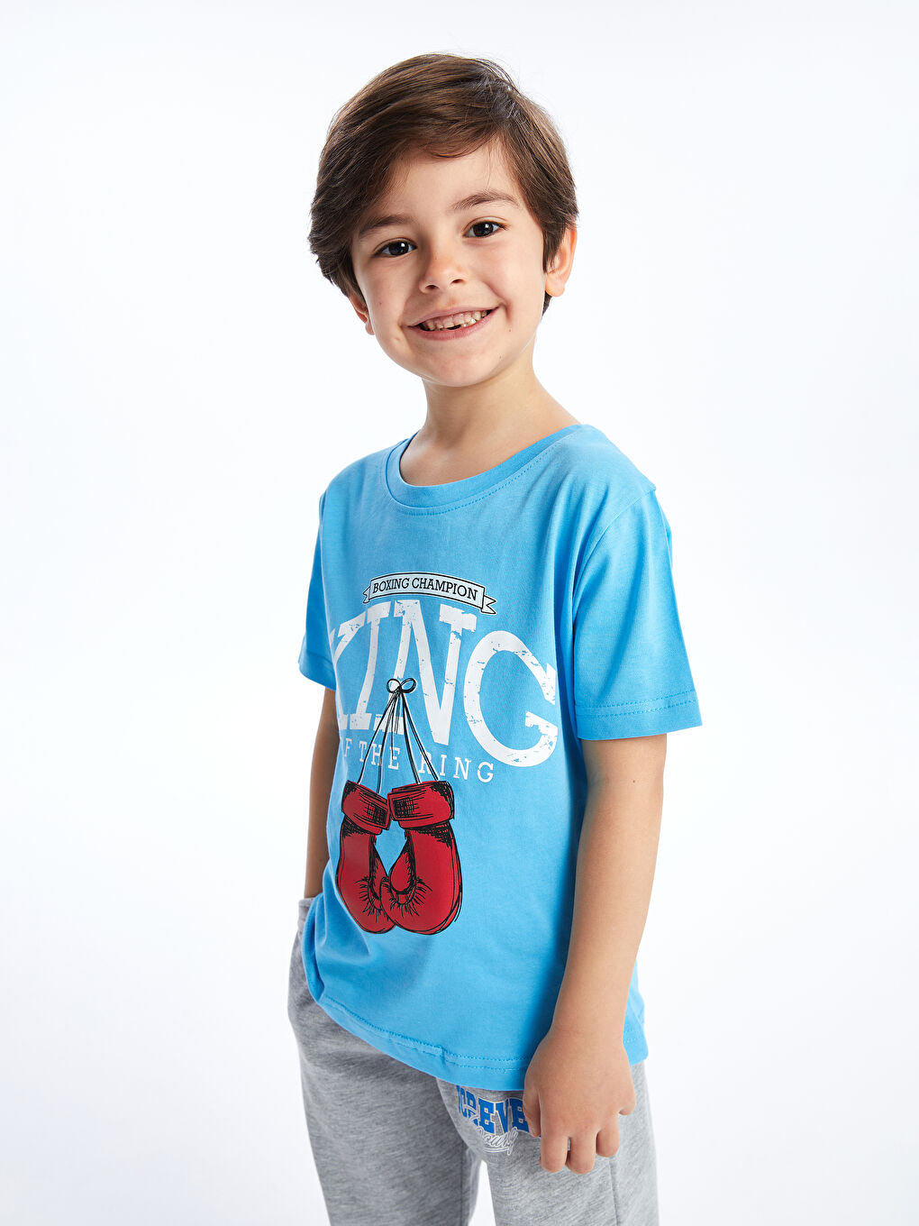 Mavi Rahat Kalıp Bisiklet Yaka Baskılı Erkek Çocuk Tişört