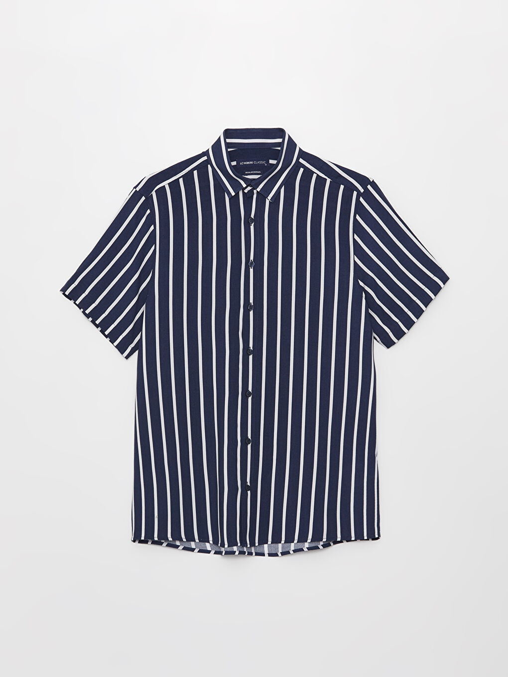Lacivert Regular Fit Kısa Kollu Çizgili Viskon Erkek Gömlek-5