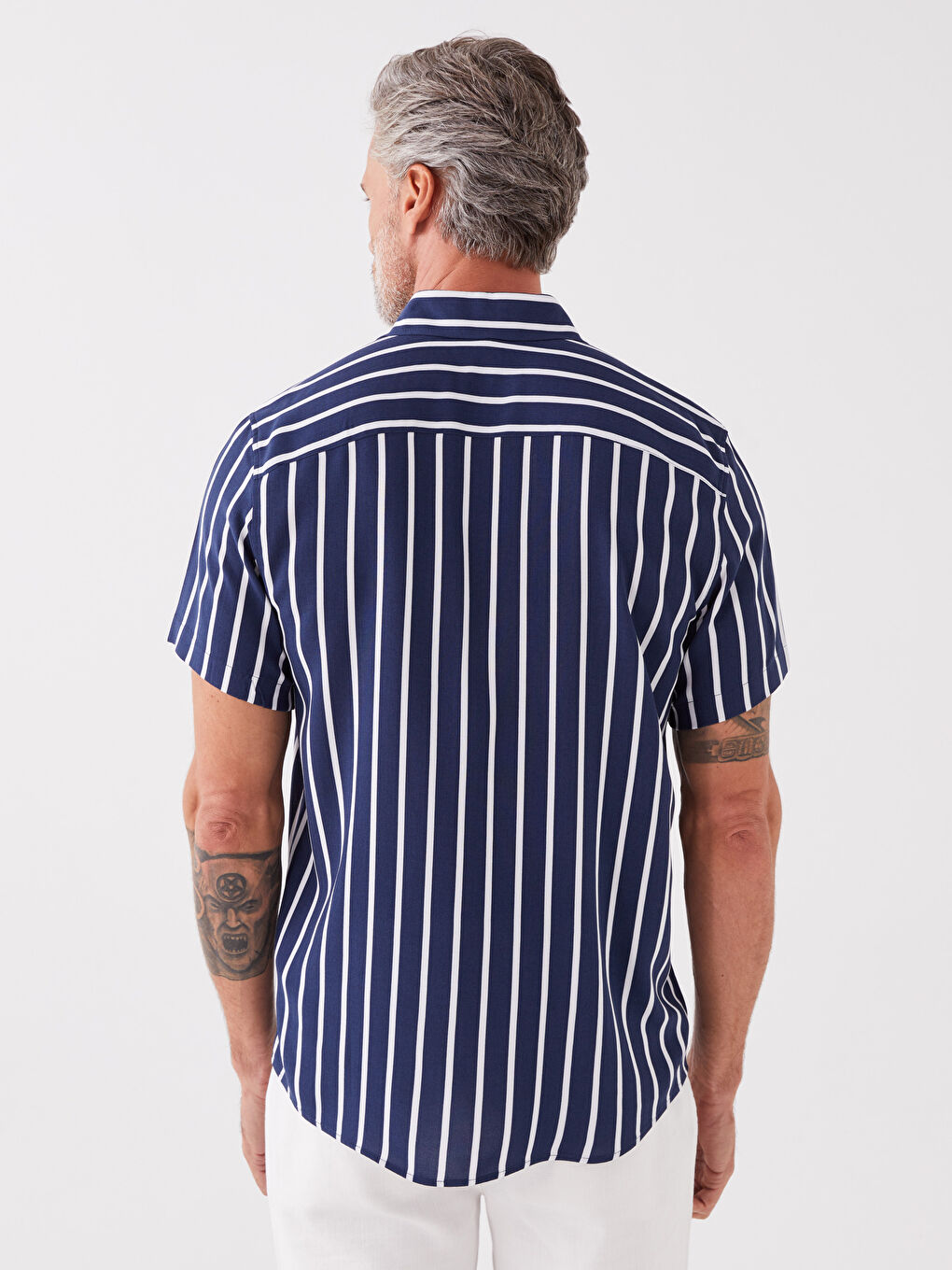 Lacivert Regular Fit Kısa Kollu Çizgili Viskon Erkek Gömlek-4