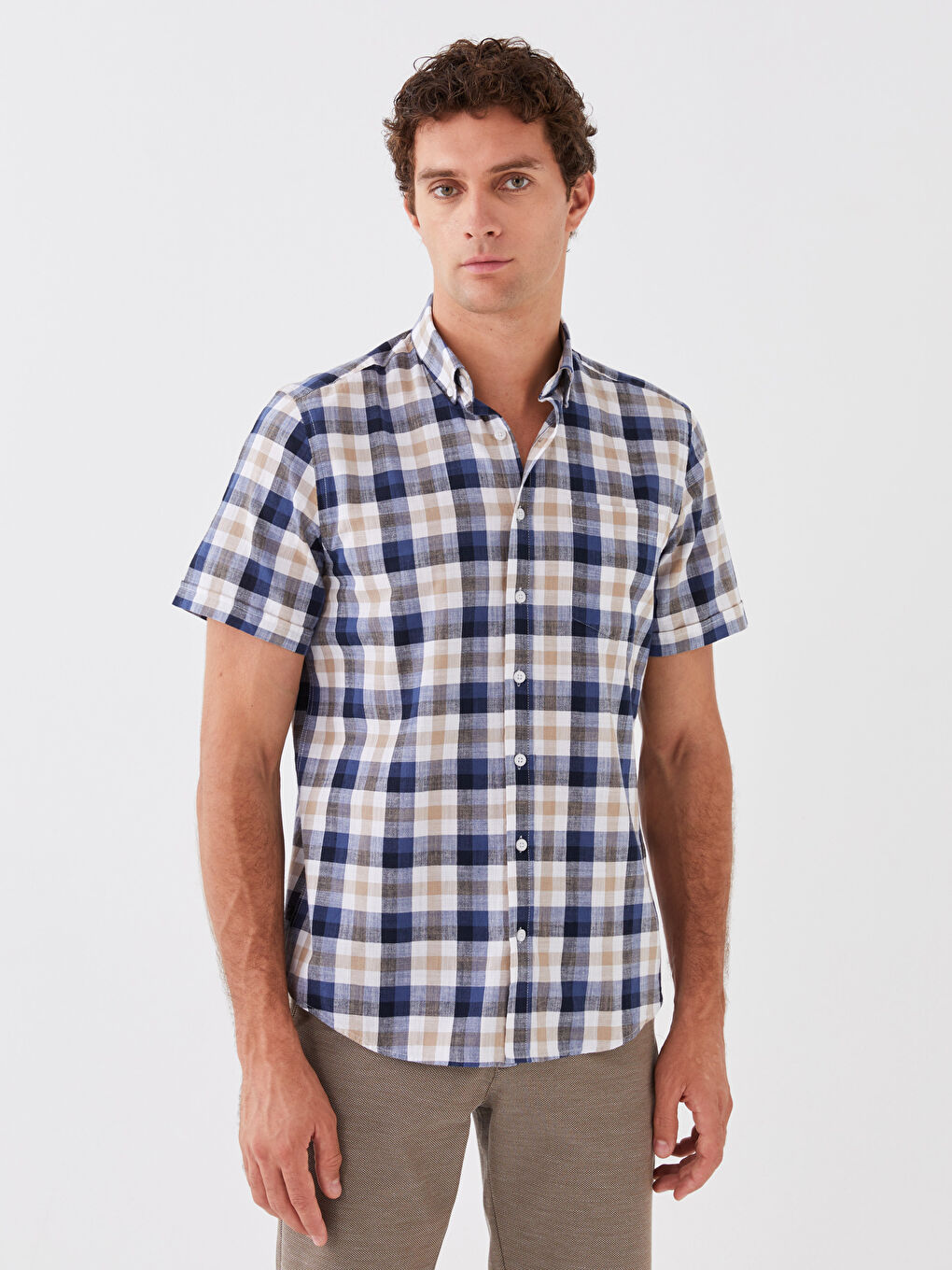 Bej Regular Fit Kısa Kollu Ekose Erkek Gömlek