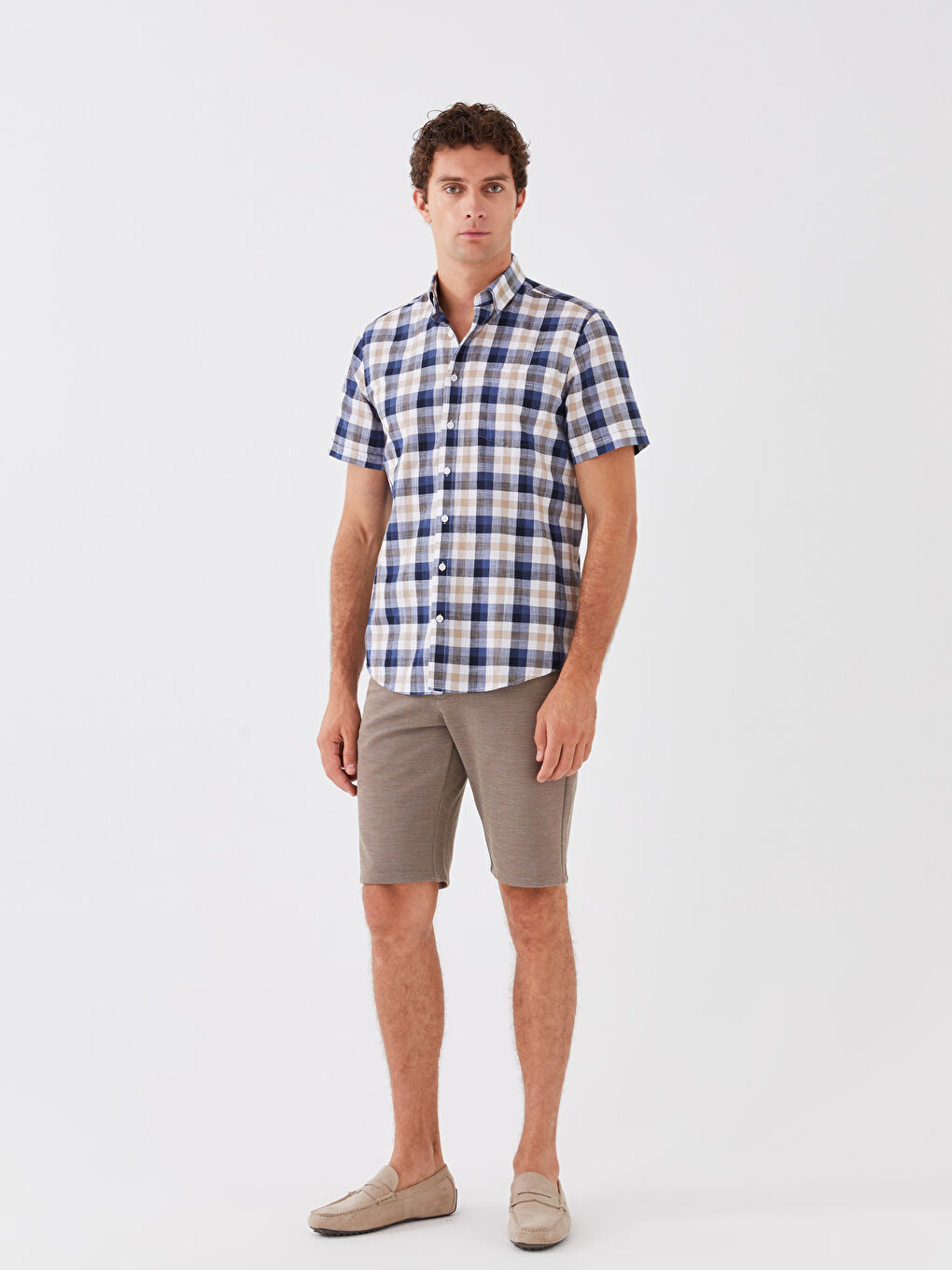 Bej Regular Fit Kısa Kollu Ekose Erkek Gömlek-2