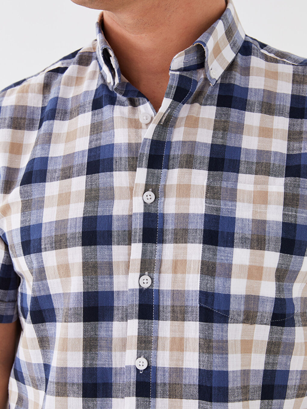 Bej Regular Fit Kısa Kollu Ekose Erkek Gömlek-3