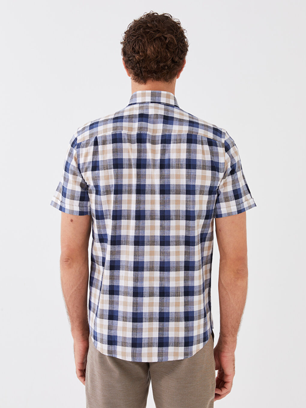 Bej Regular Fit Kısa Kollu Ekose Erkek Gömlek-4