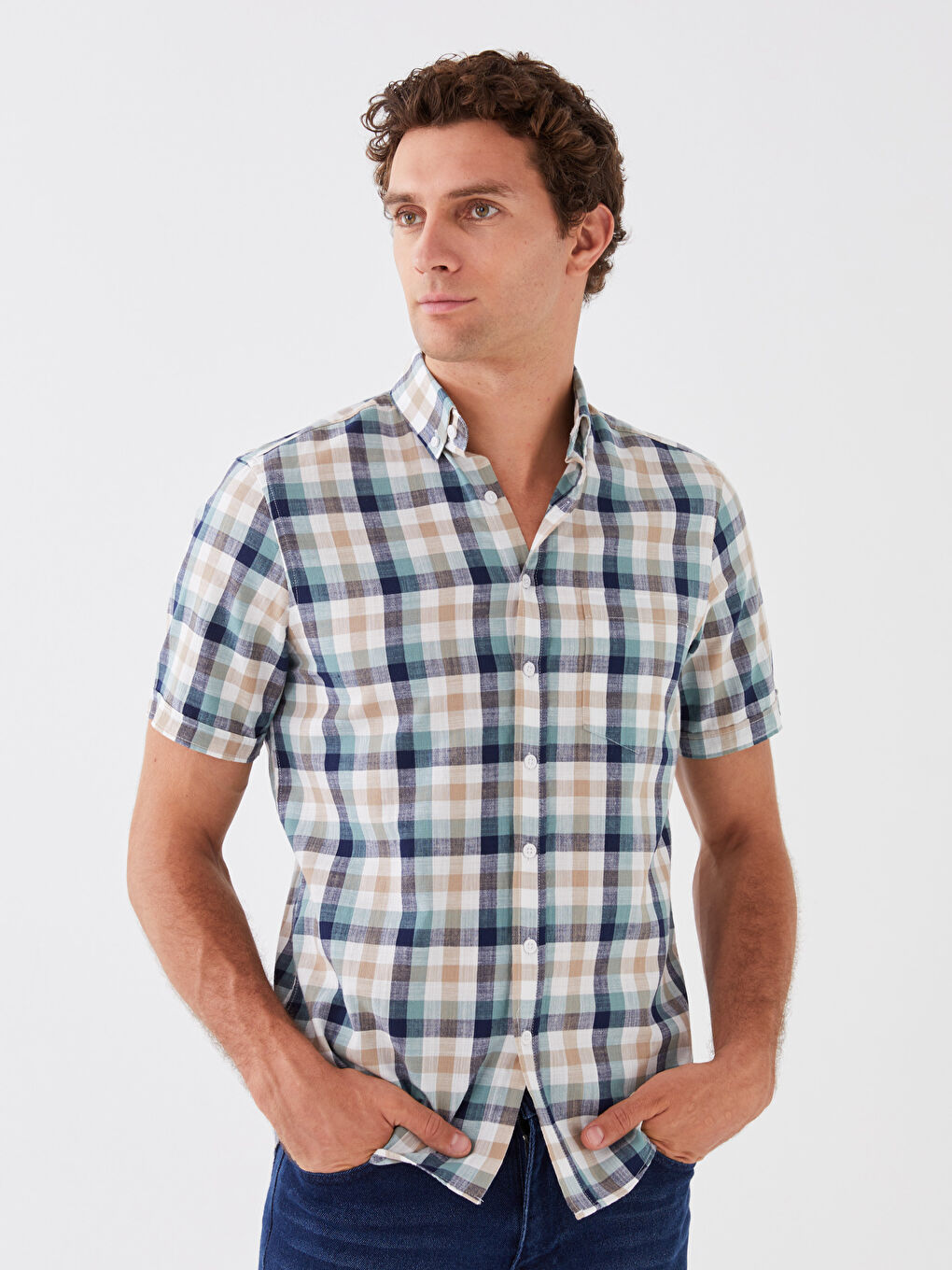 Cămașă pentru Bărbați cu Mânecă Scurtă, Croială Regulară, Model Carouri