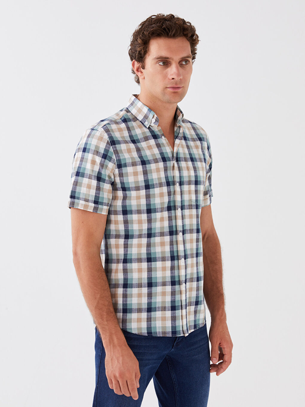 Cămașă pentru Bărbați cu Mânecă Scurtă, Croială Regulară, Model Carouri-1