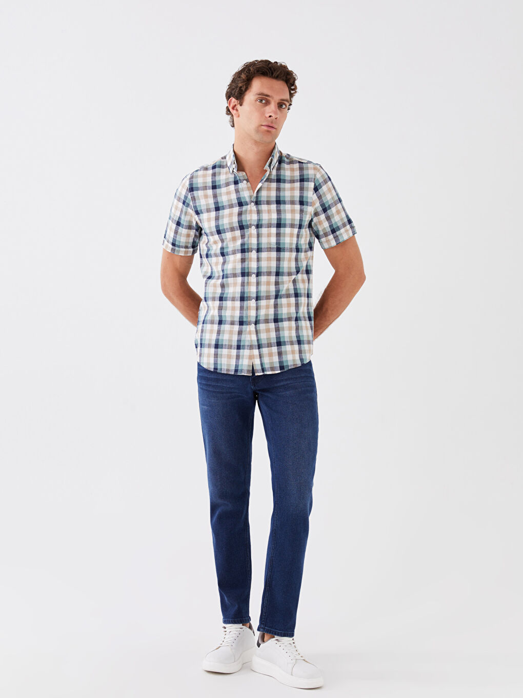 Cămașă pentru Bărbați cu Mânecă Scurtă, Croială Regulară, Model Carouri-2