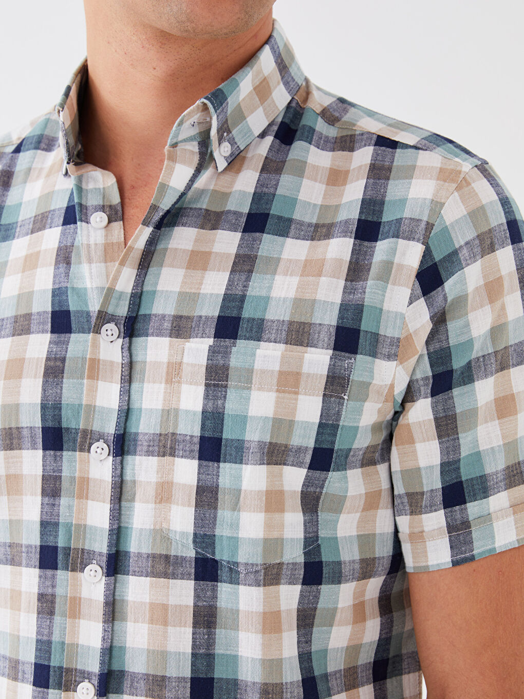 Cămașă pentru Bărbați cu Mânecă Scurtă, Croială Regulară, Model Carouri-3