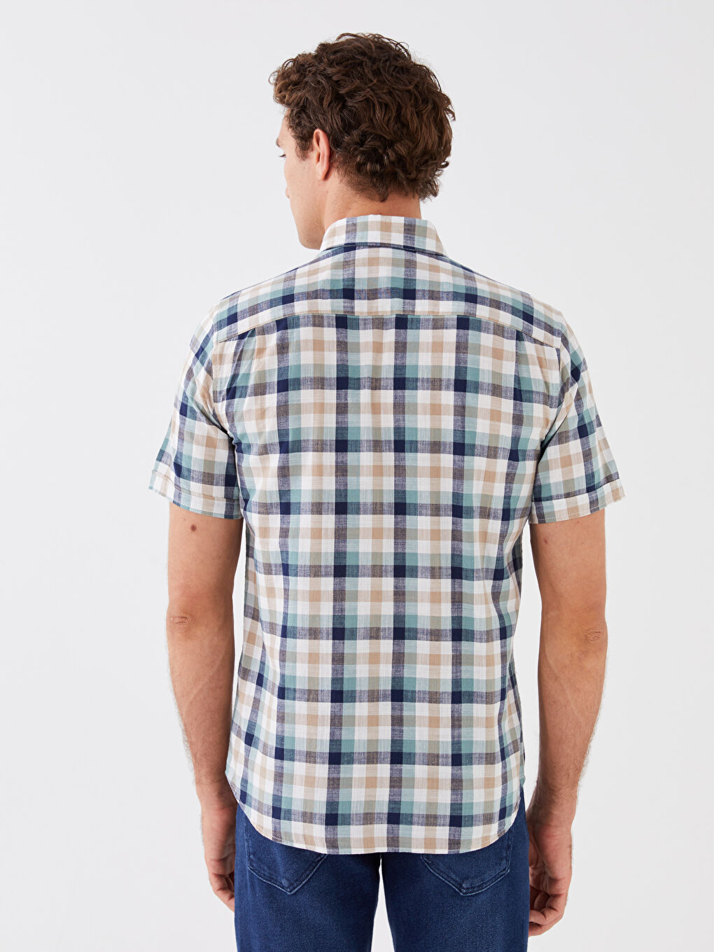 Cămașă pentru Bărbați cu Mânecă Scurtă, Croială Regulară, Model Carouri-4