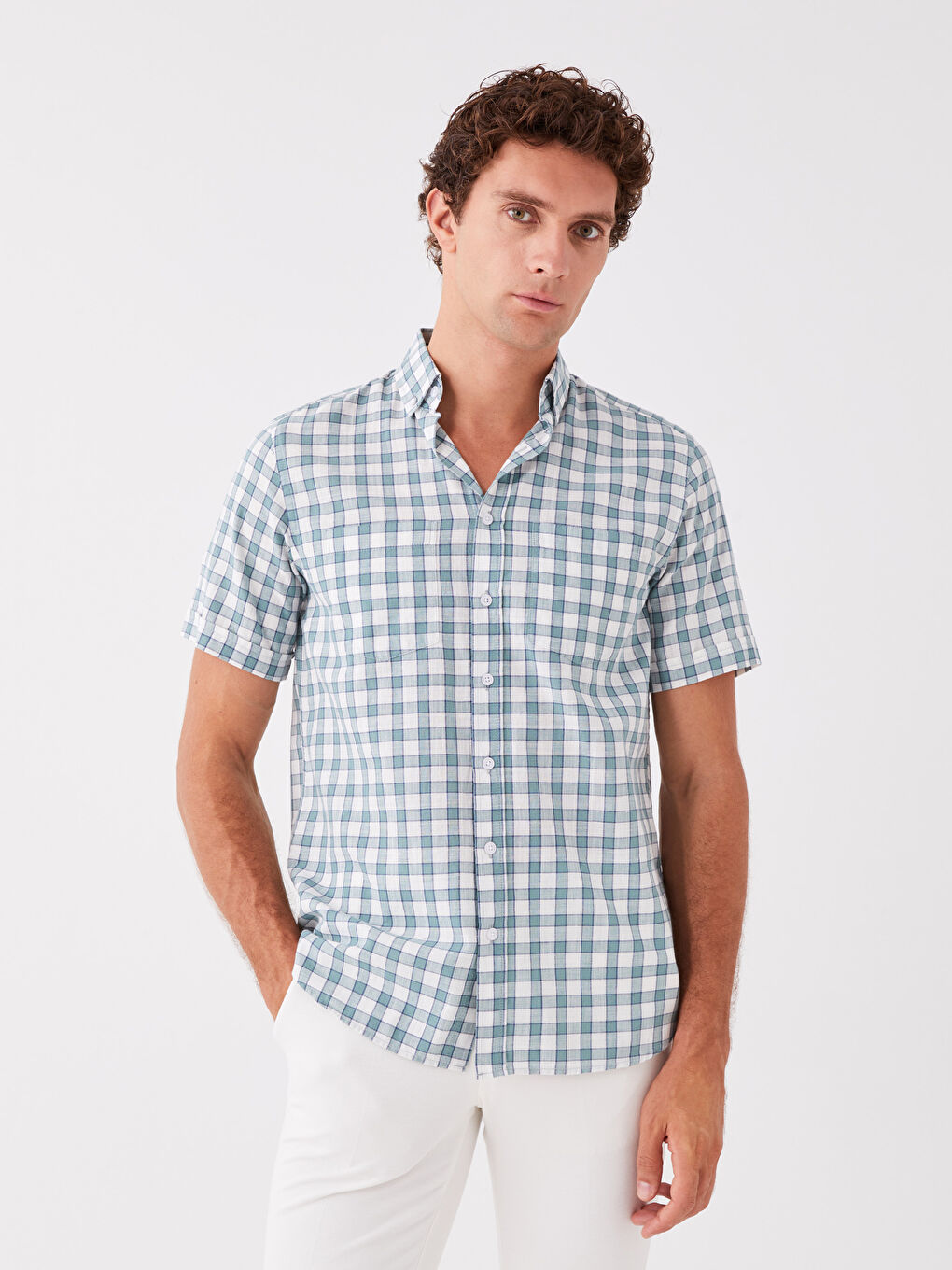 Cămașă pentru Bărbați cu Mânecă Scurtă, Croială Regulară, Model Carouri