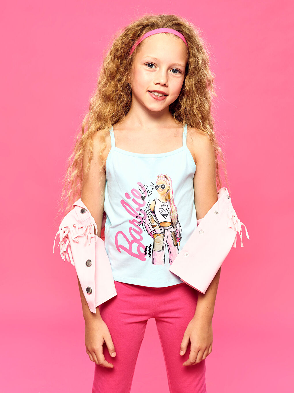 Yeşil Kare Yaka Barbie Baskılı Kız Çocuk Crop Atlet