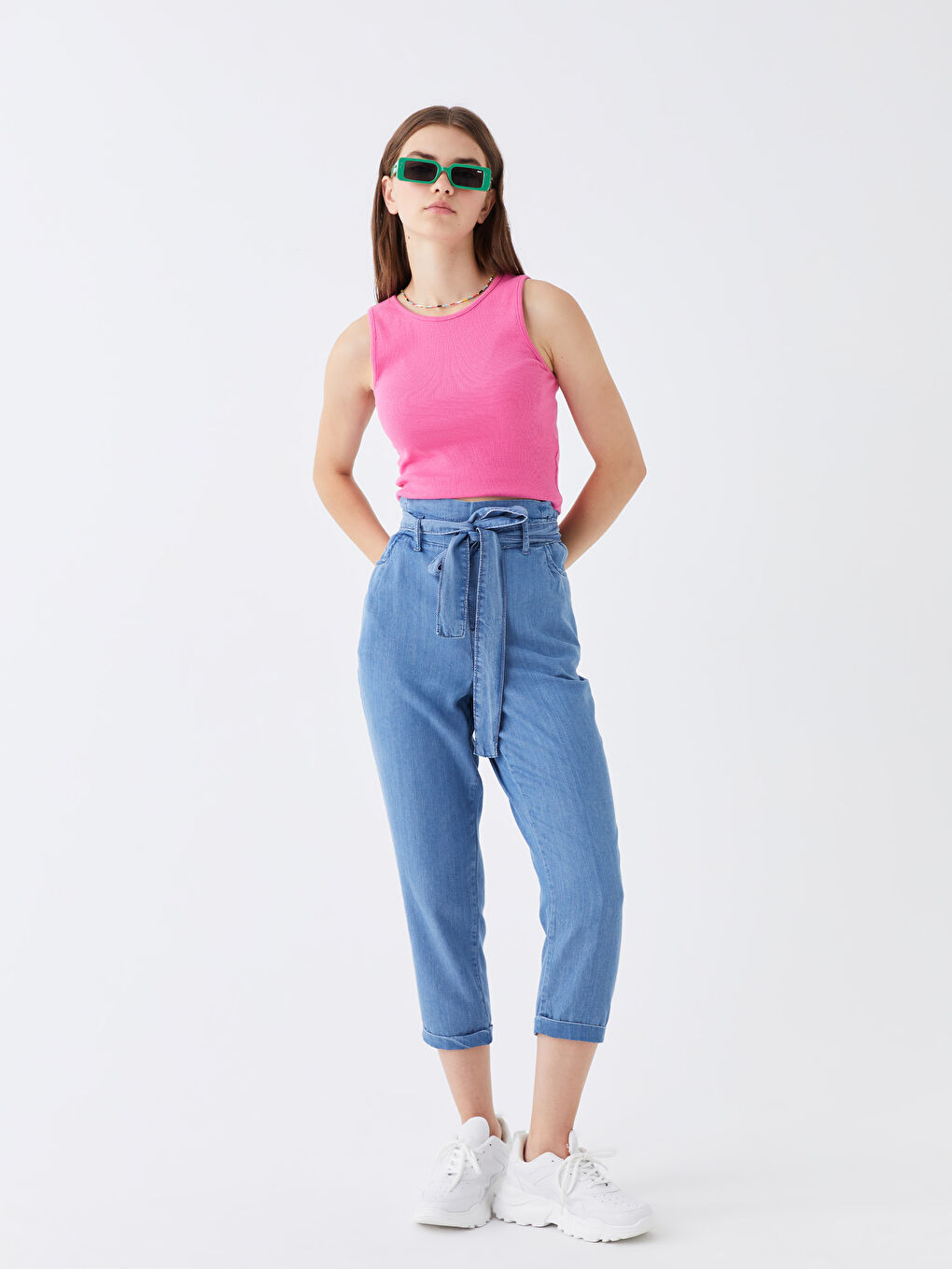 İndigo Beli Lastikli Paperbag Kadın Jean Pantolon