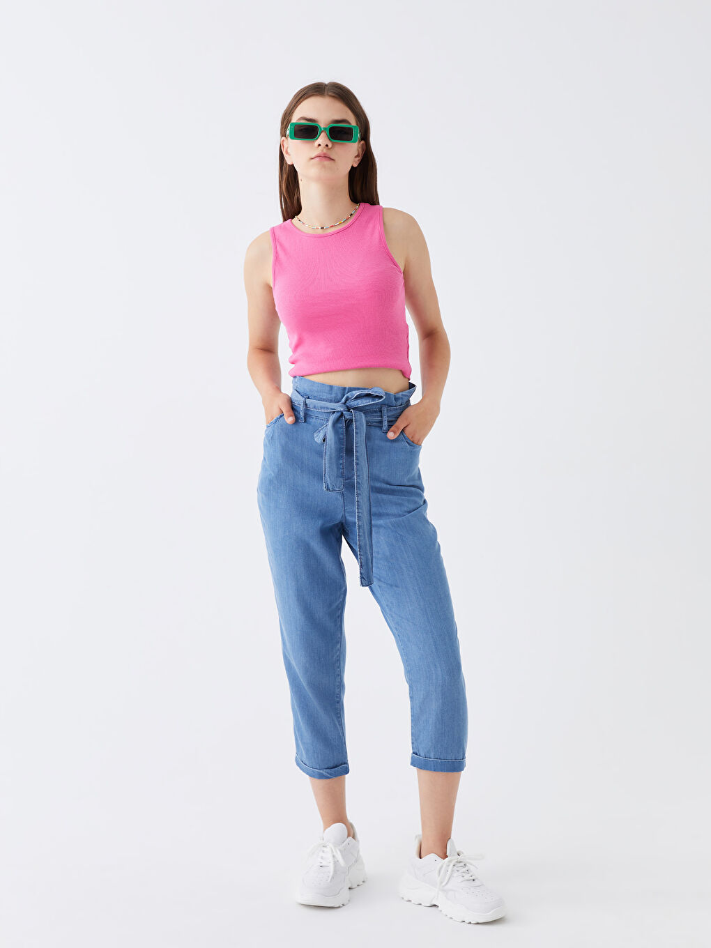 İndigo Beli Lastikli Paperbag Kadın Jean Pantolon-1