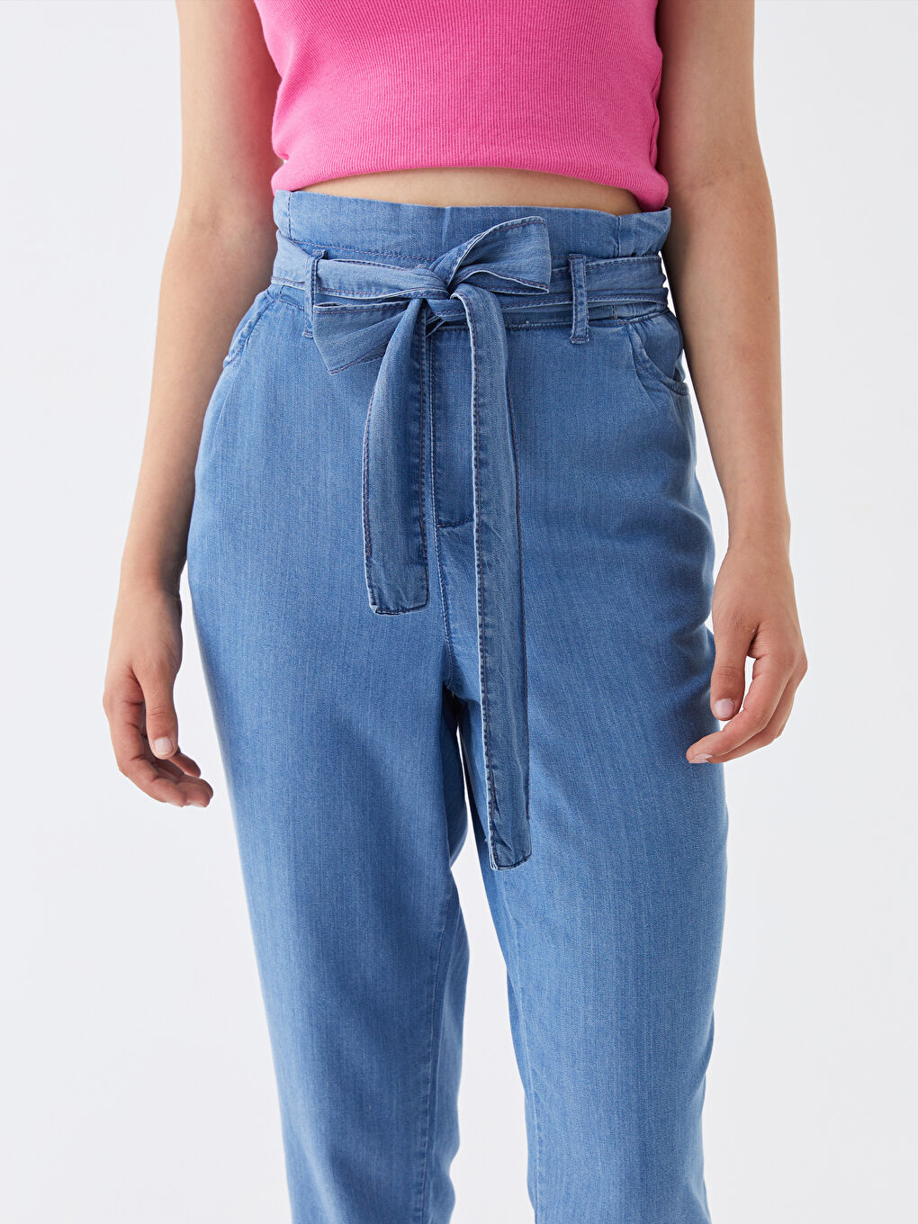 İndigo Beli Lastikli Paperbag Kadın Jean Pantolon-2