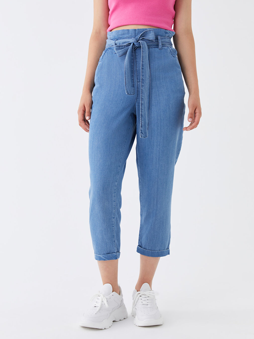 İndigo Beli Lastikli Paperbag Kadın Jean Pantolon-3