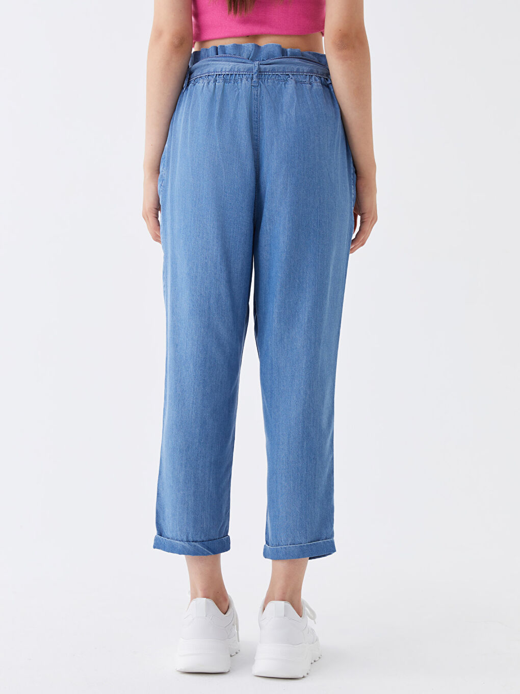 İndigo Beli Lastikli Paperbag Kadın Jean Pantolon-4