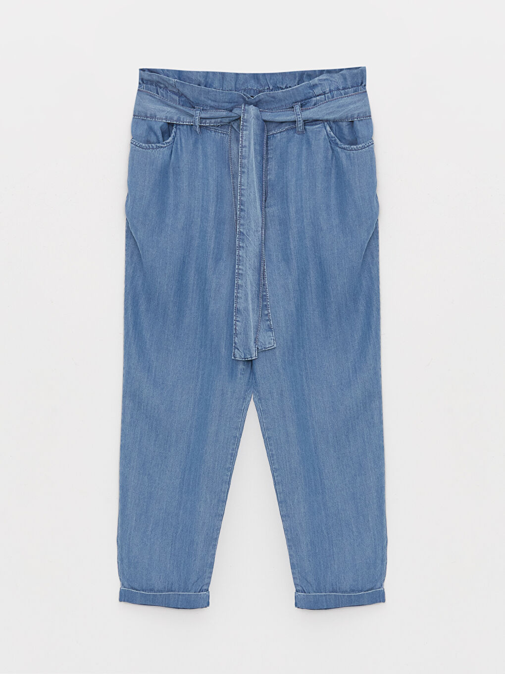 İndigo Beli Lastikli Paperbag Kadın Jean Pantolon-5