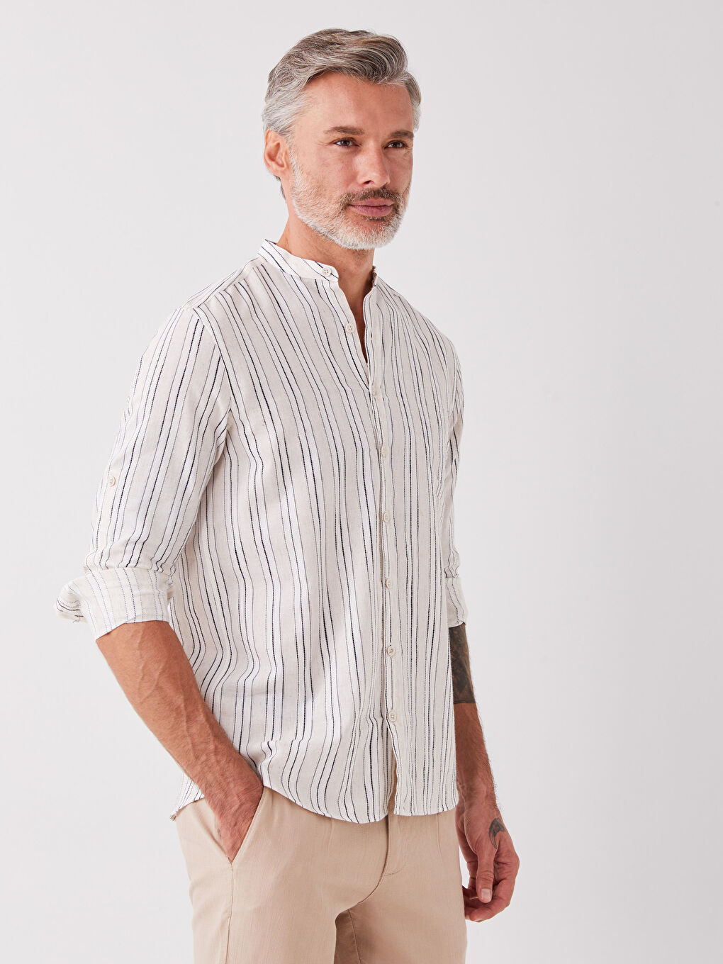 Slim Fit Long Sleeve Striped Linen Blended Men's Shirt