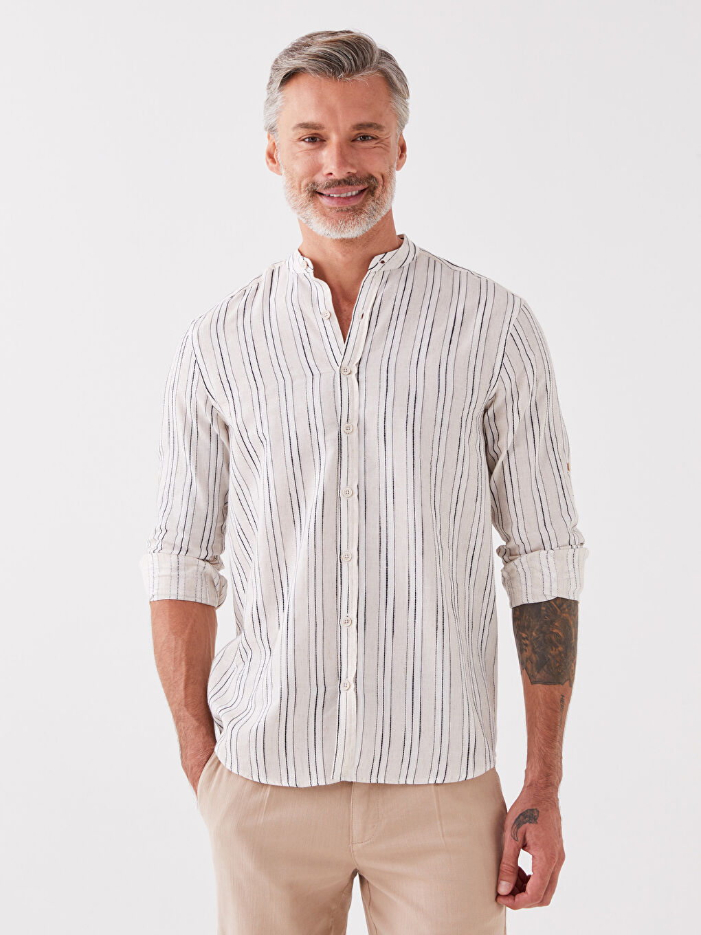 Slim Fit Long Sleeve Striped Linen Blended Men's Shirt-1