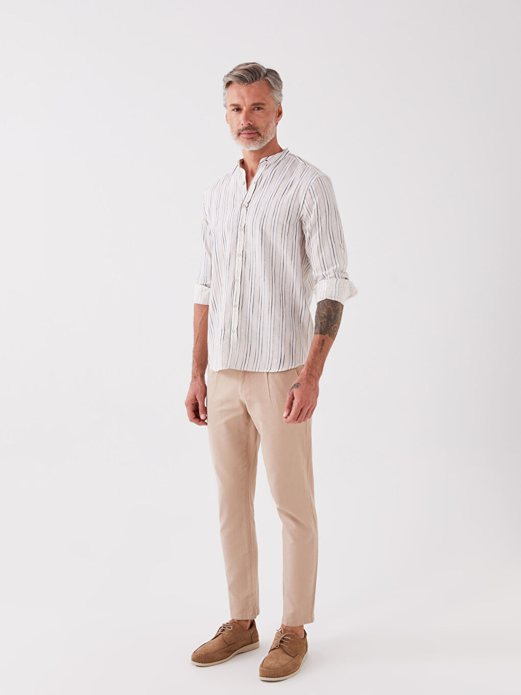 Slim Fit Long Sleeve Striped Linen Blended Men's Shirt-2