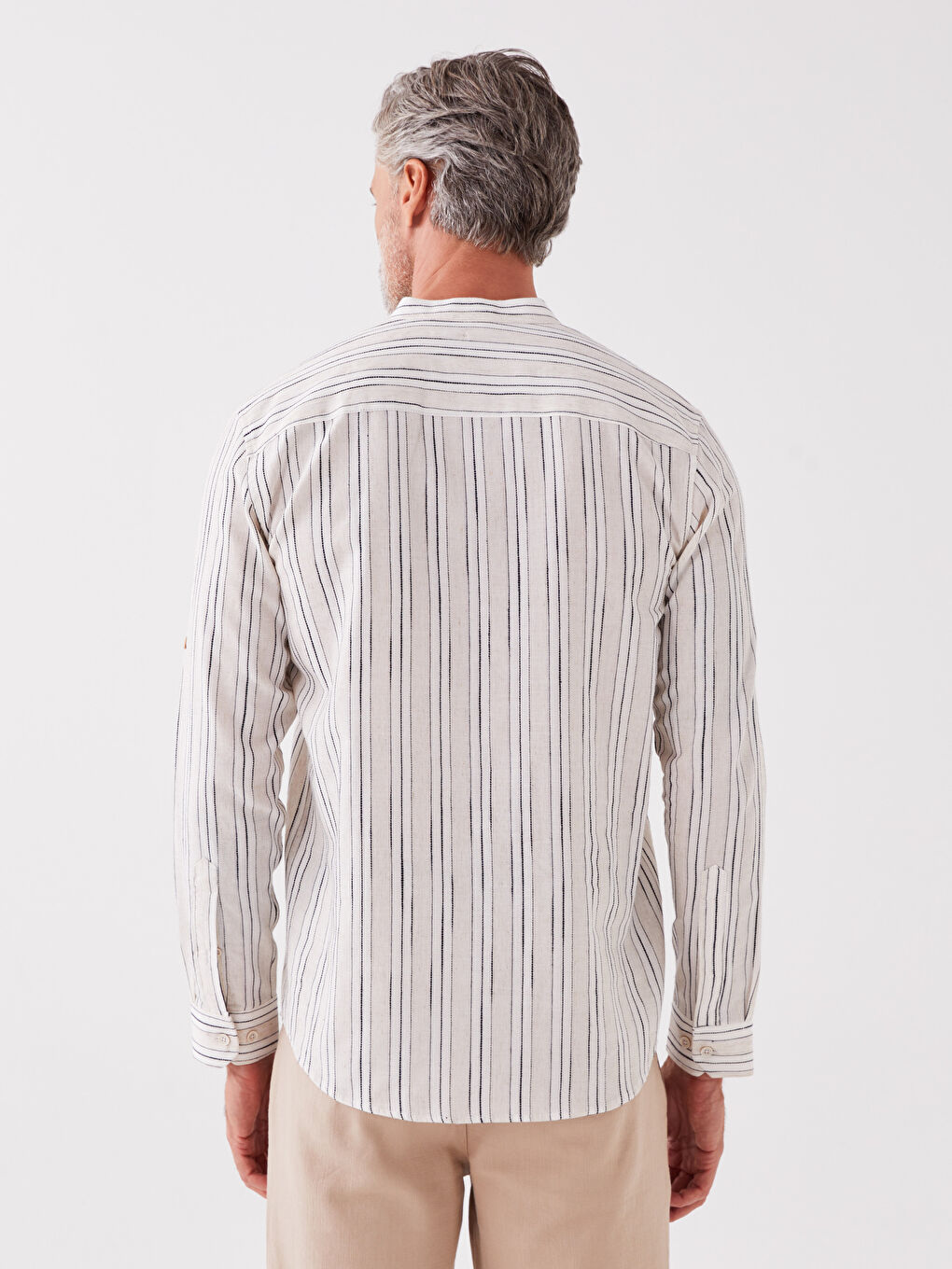 Slim Fit Long Sleeve Striped Linen Blended Men's Shirt-4