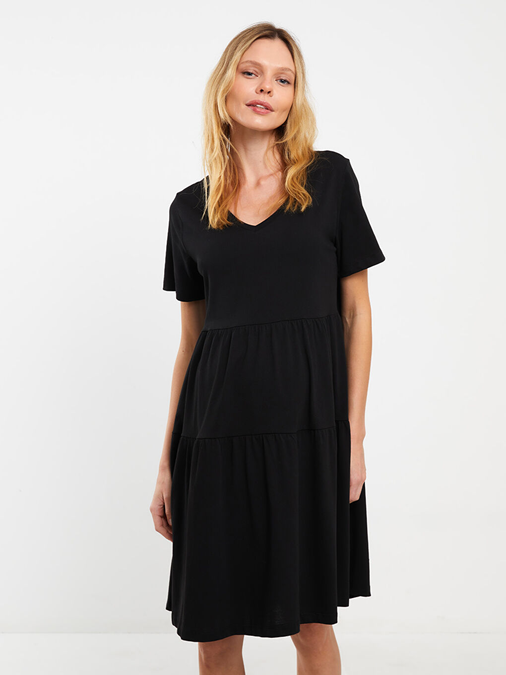 LCWAIKIKI Maternity V-Neck Plain Short Sleeve Maternity Dress -S3JF90Z8-CVL