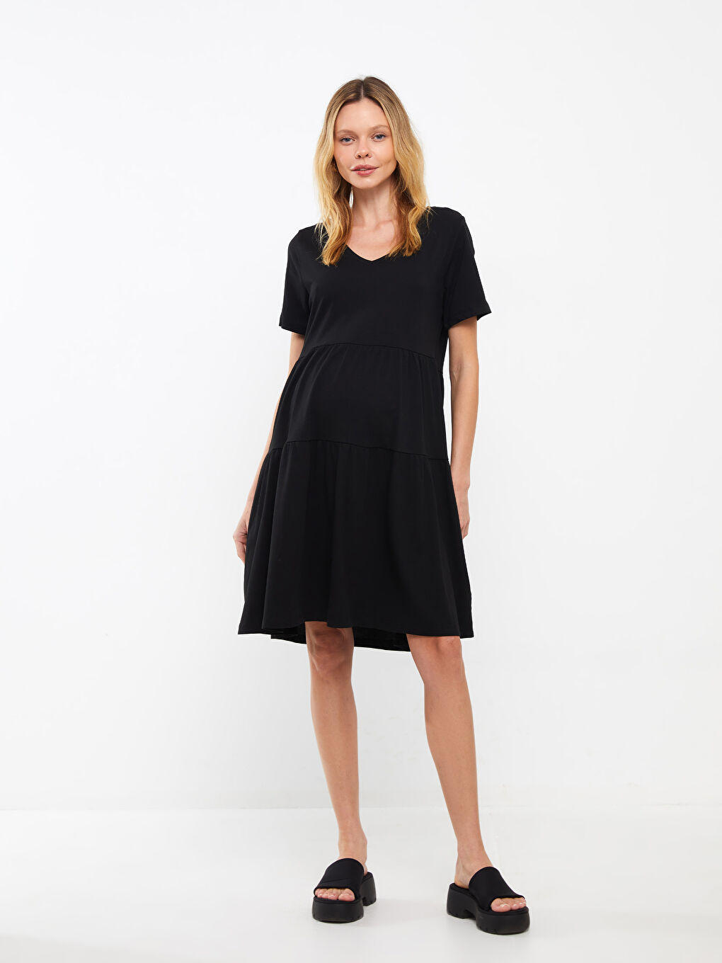 LCWAIKIKI Maternity V-Neck Plain Short Sleeve Maternity Dress -S3JF90Z8-CVL