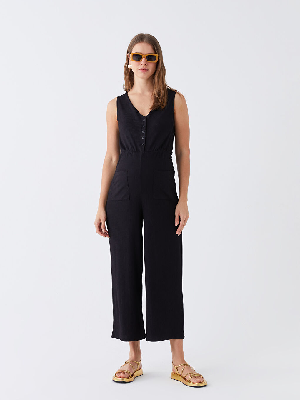 Siyah V Yaka Düz Hamile Tulum