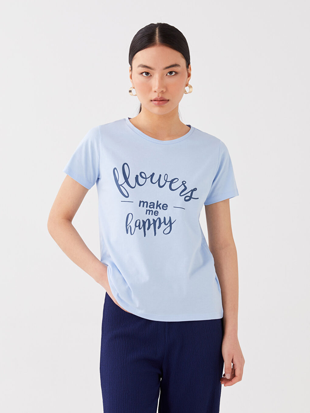 Mavi Bisiklet Yaka Baskılı Kısa Kollu Kadın Tişört