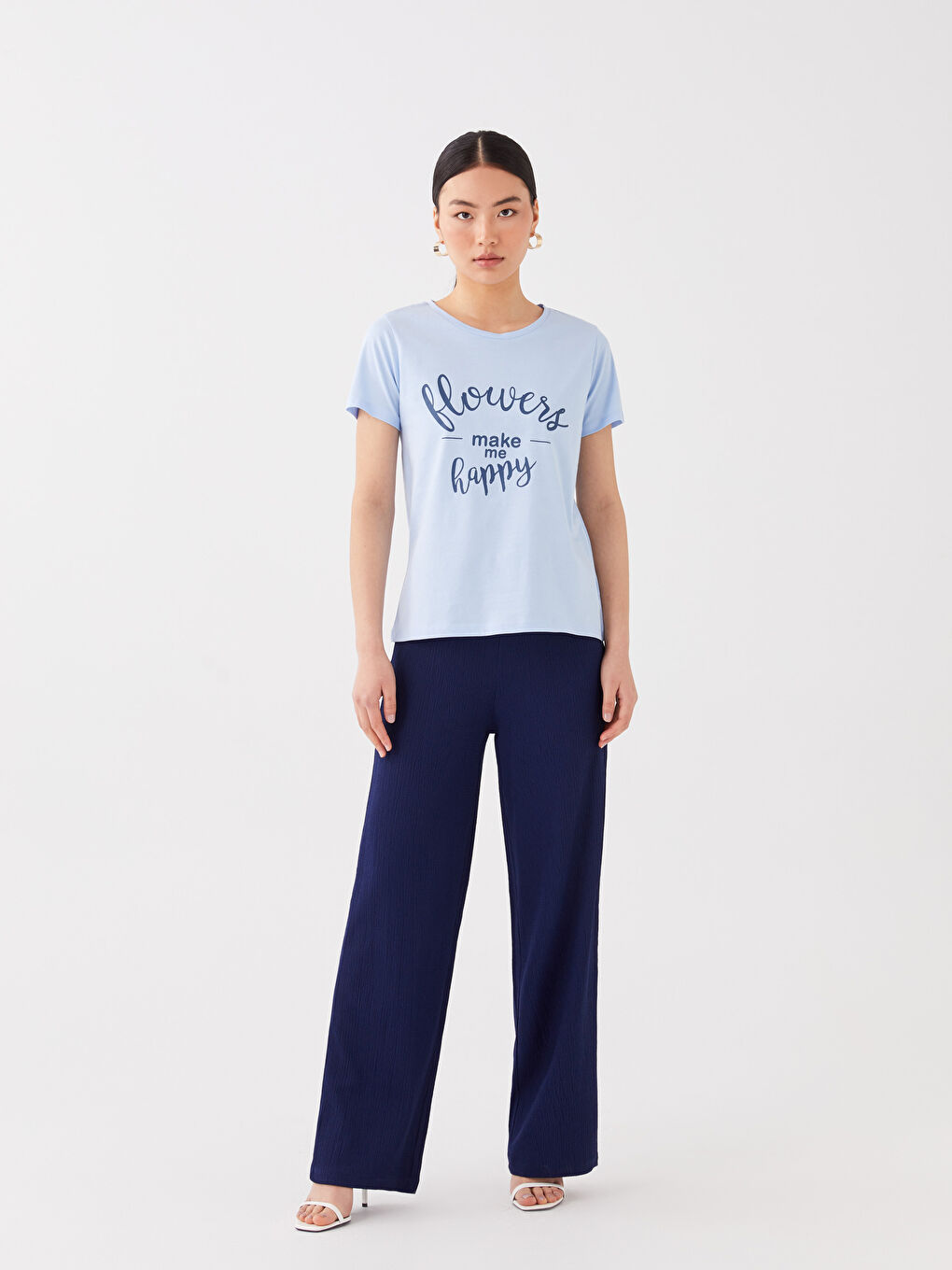 Mavi Bisiklet Yaka Baskılı Kısa Kollu Kadın Tişört-1