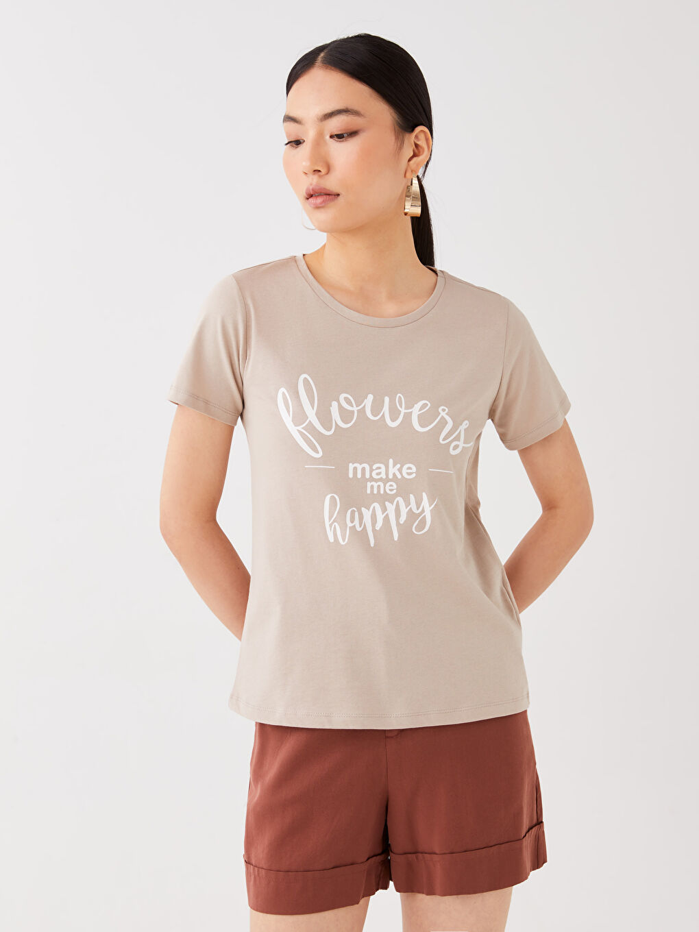 Kahverengi Bisiklet Yaka Baskılı Kısa Kollu Kadın Tişört