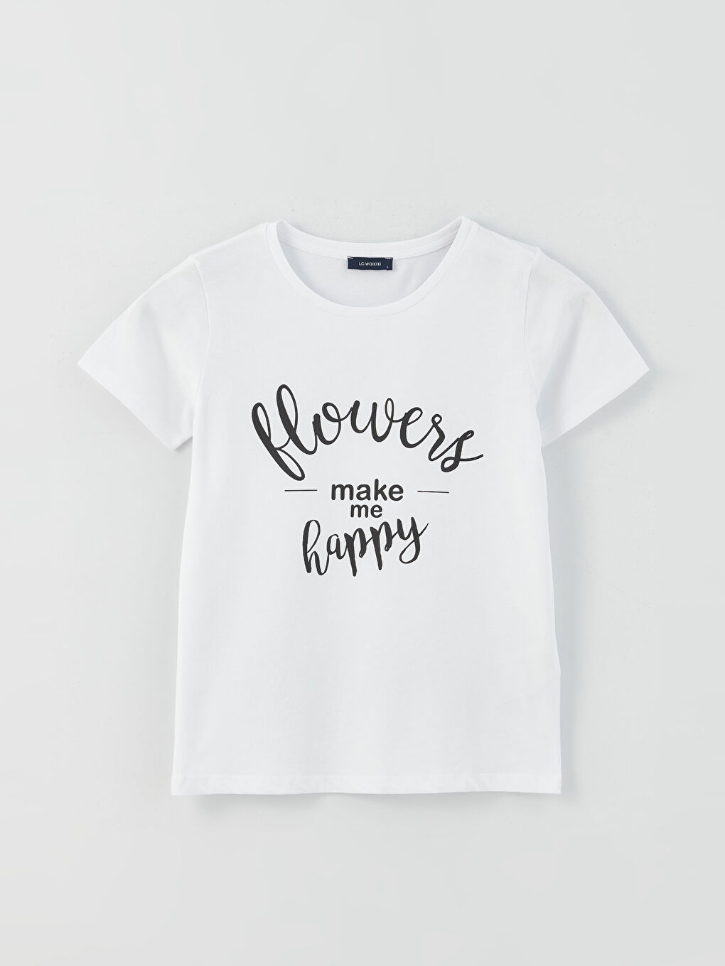 Beyaz Bisiklet Yaka Baskılı Kısa Kollu Kadın Tişört-5