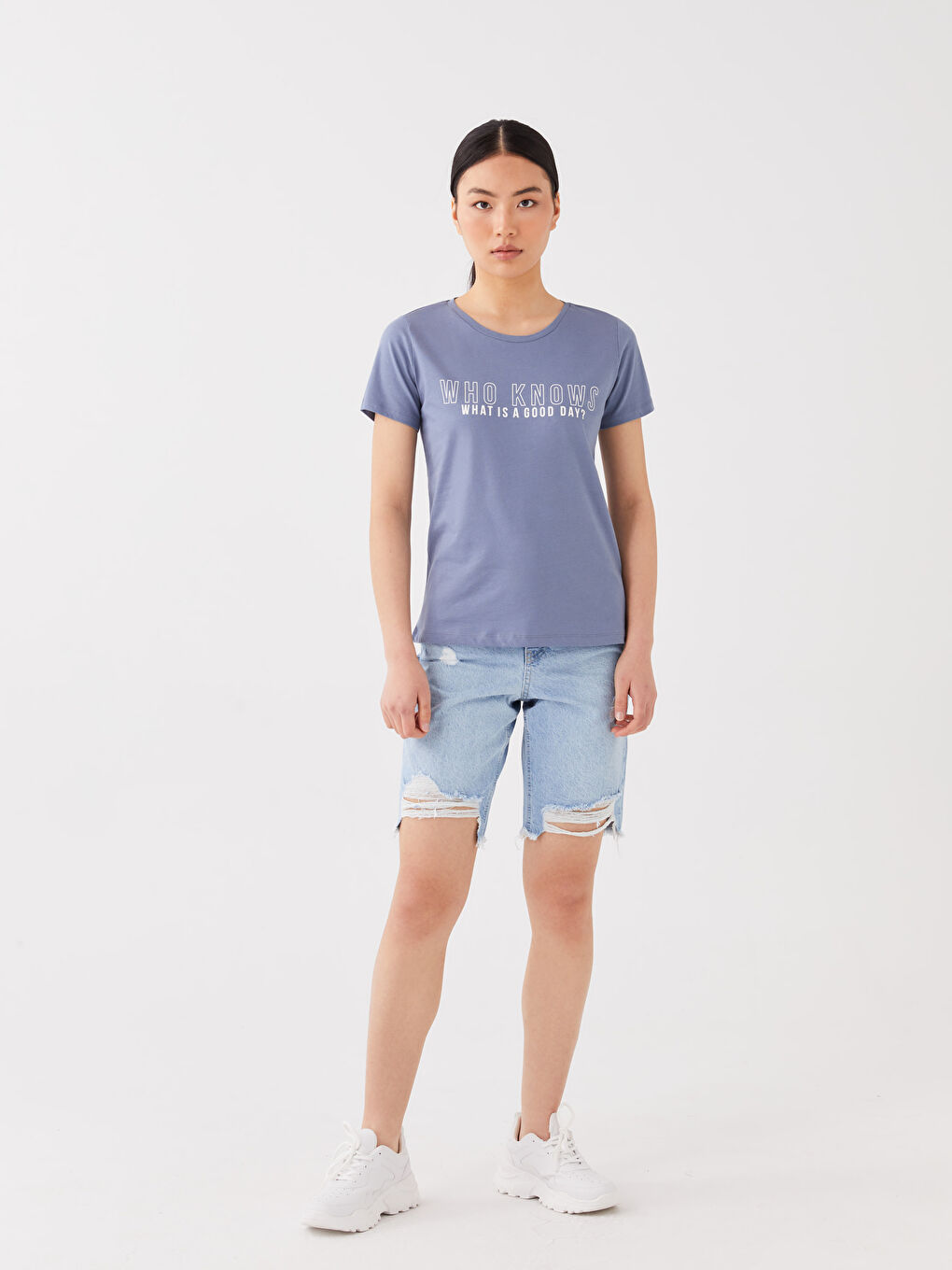 Mavi Bisiklet Yaka Baskılı Kısa Kollu Kadın Tişört-1