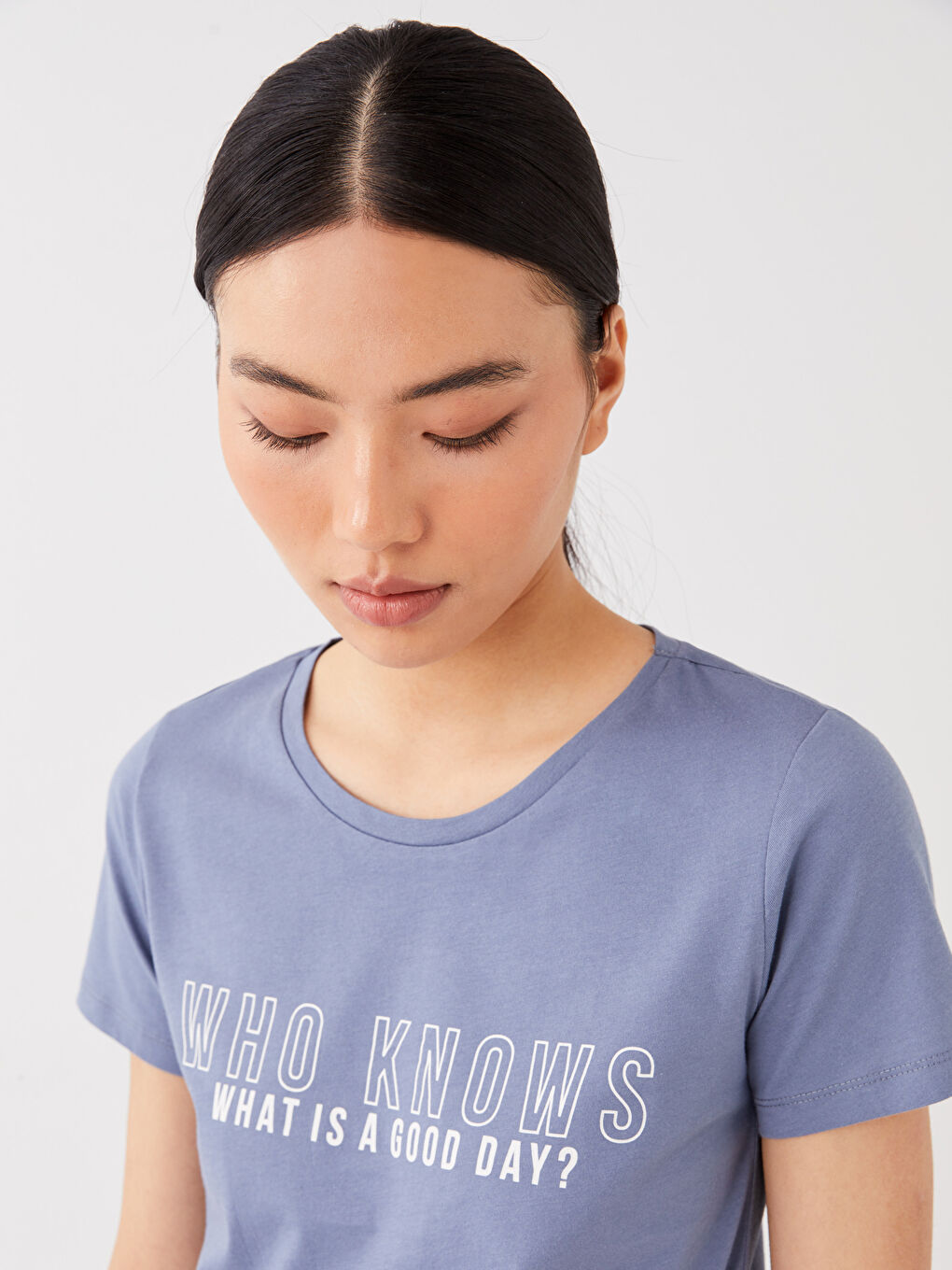 Mavi Bisiklet Yaka Baskılı Kısa Kollu Kadın Tişört-2