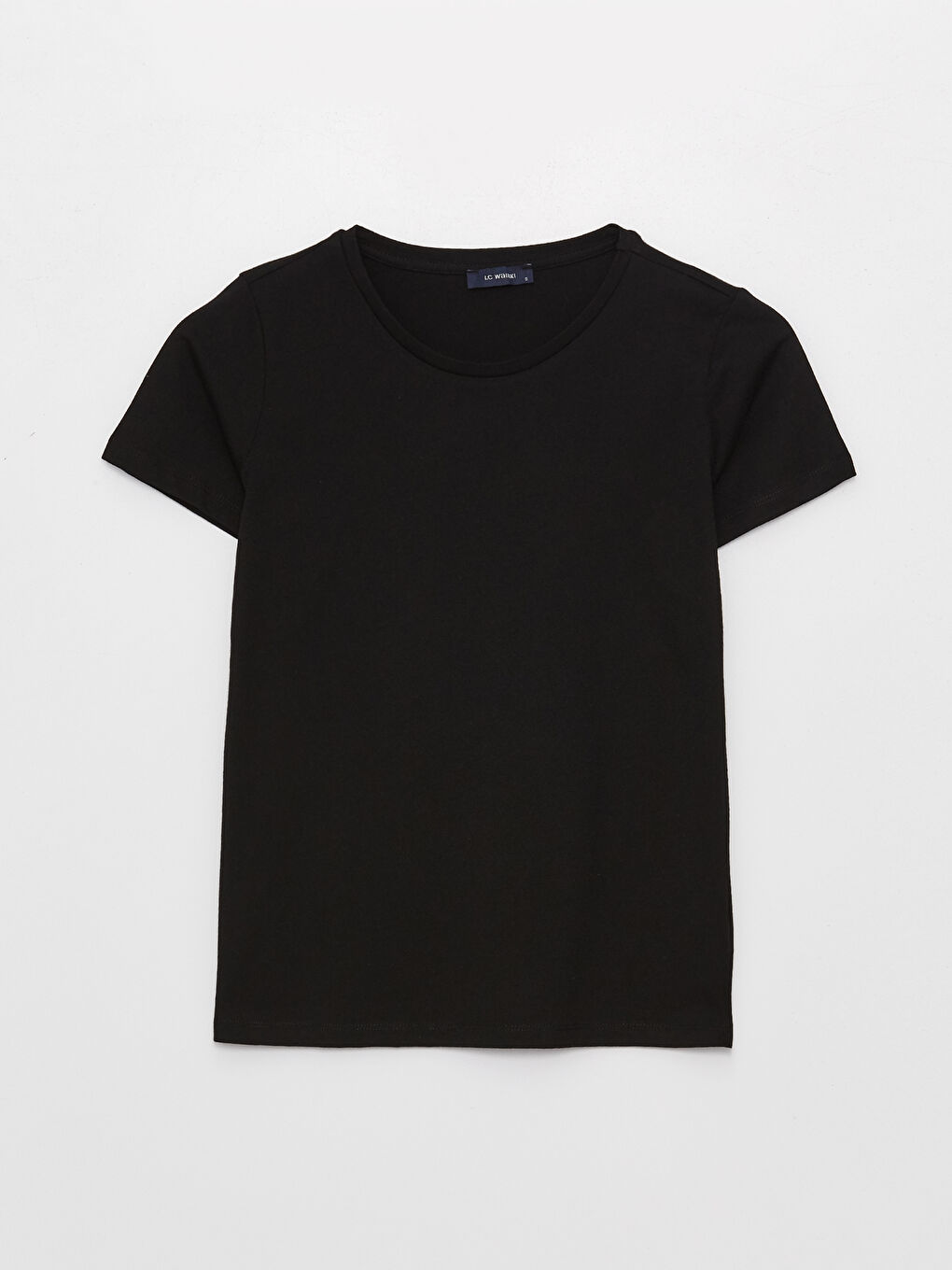 Siyah Bisiklet Yaka Düz Kısa Kollu Kadın Tişört-4