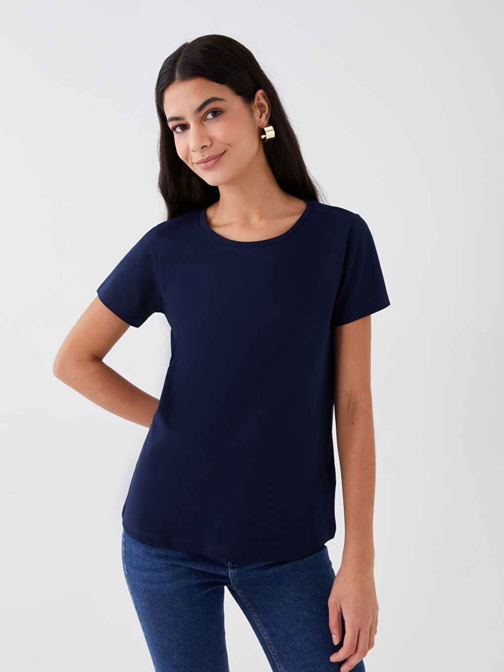 Lacivert Bisiklet Yaka Düz Kısa Kollu Kadın Tişört
