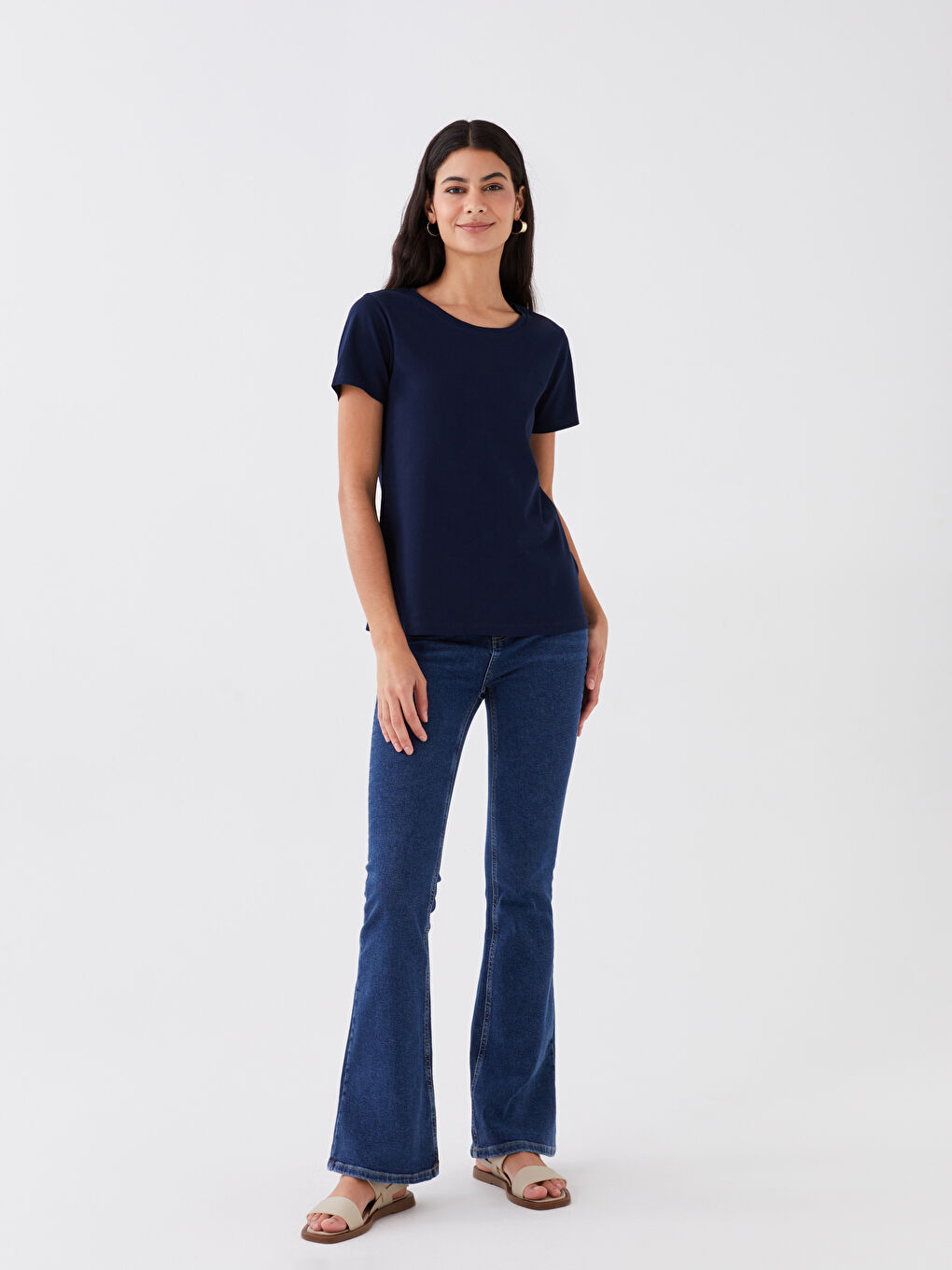 Lacivert Bisiklet Yaka Düz Kısa Kollu Kadın Tişört-1