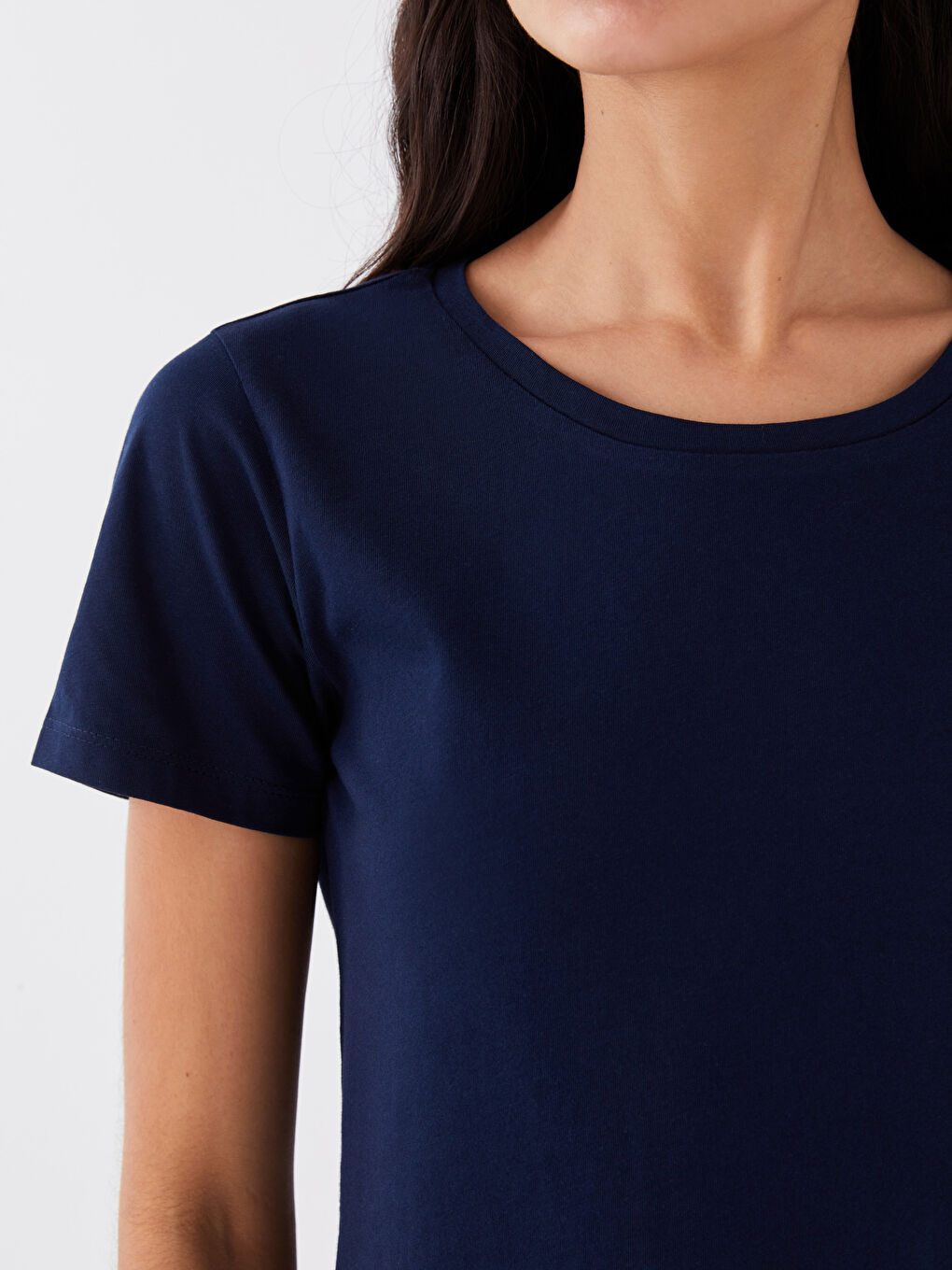 Lacivert Bisiklet Yaka Düz Kısa Kollu Kadın Tişört-2