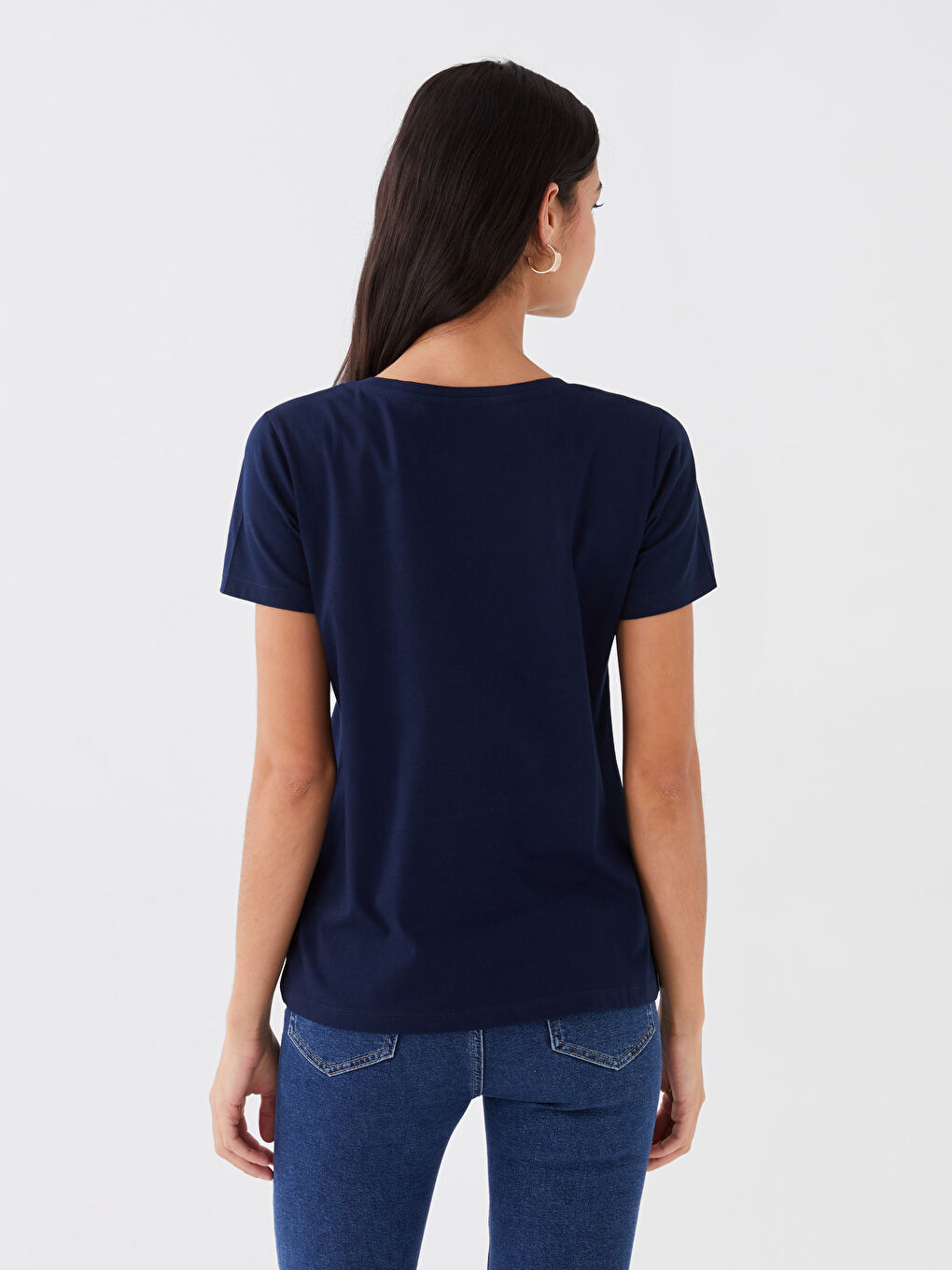 Lacivert Bisiklet Yaka Düz Kısa Kollu Kadın Tişört-3