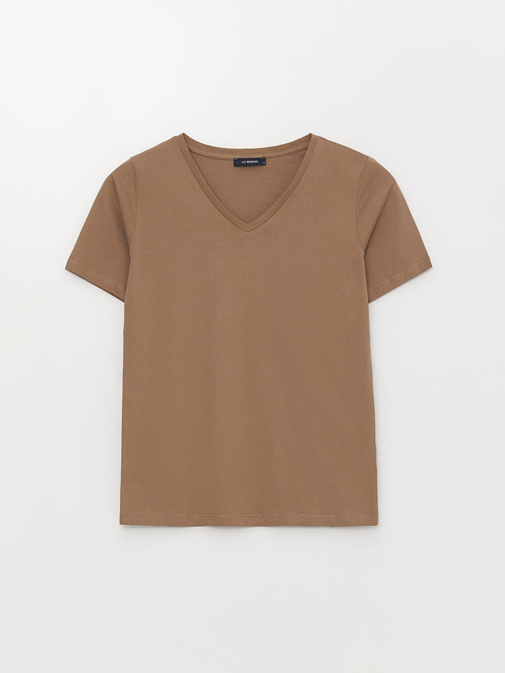 Kahverengi V Yaka Düz Kısa Kollu Kadın Tişört-5
